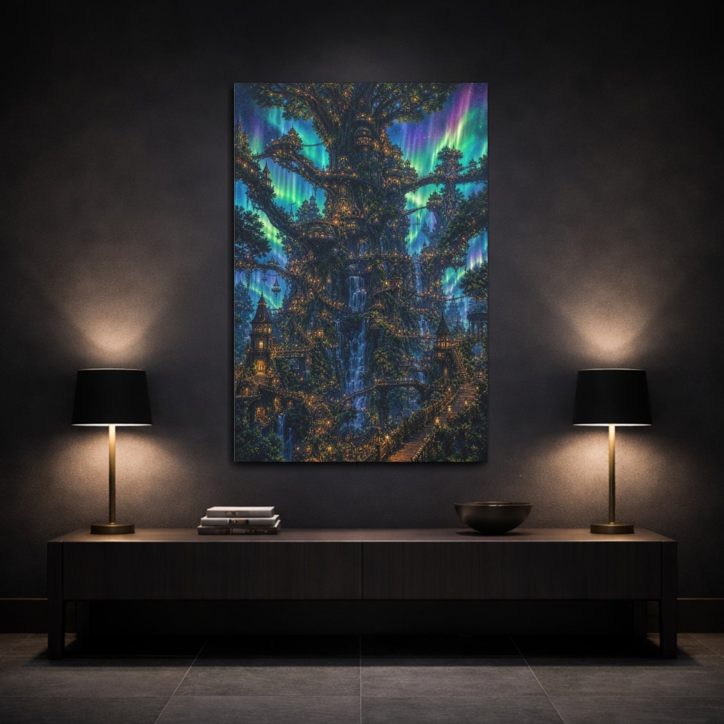 Mockup 3. Enchanted Tree City shown as canvas print