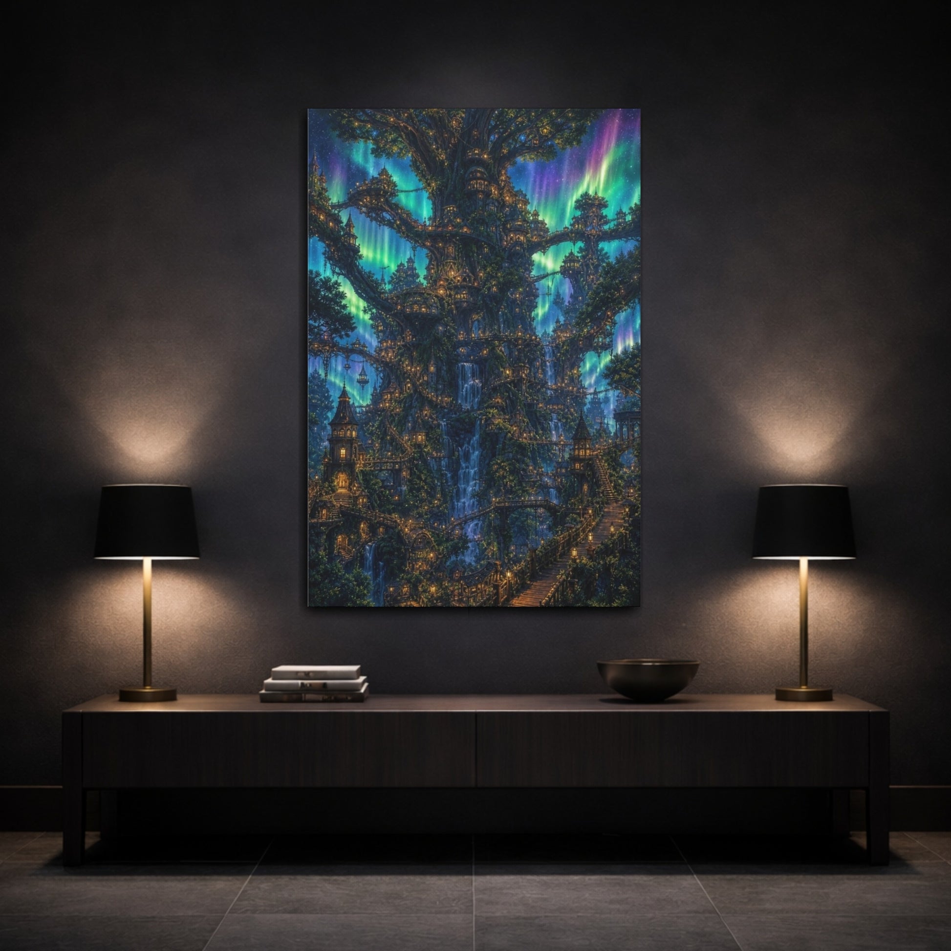 Mockup 3. Enchanted Tree City shown as canvas print