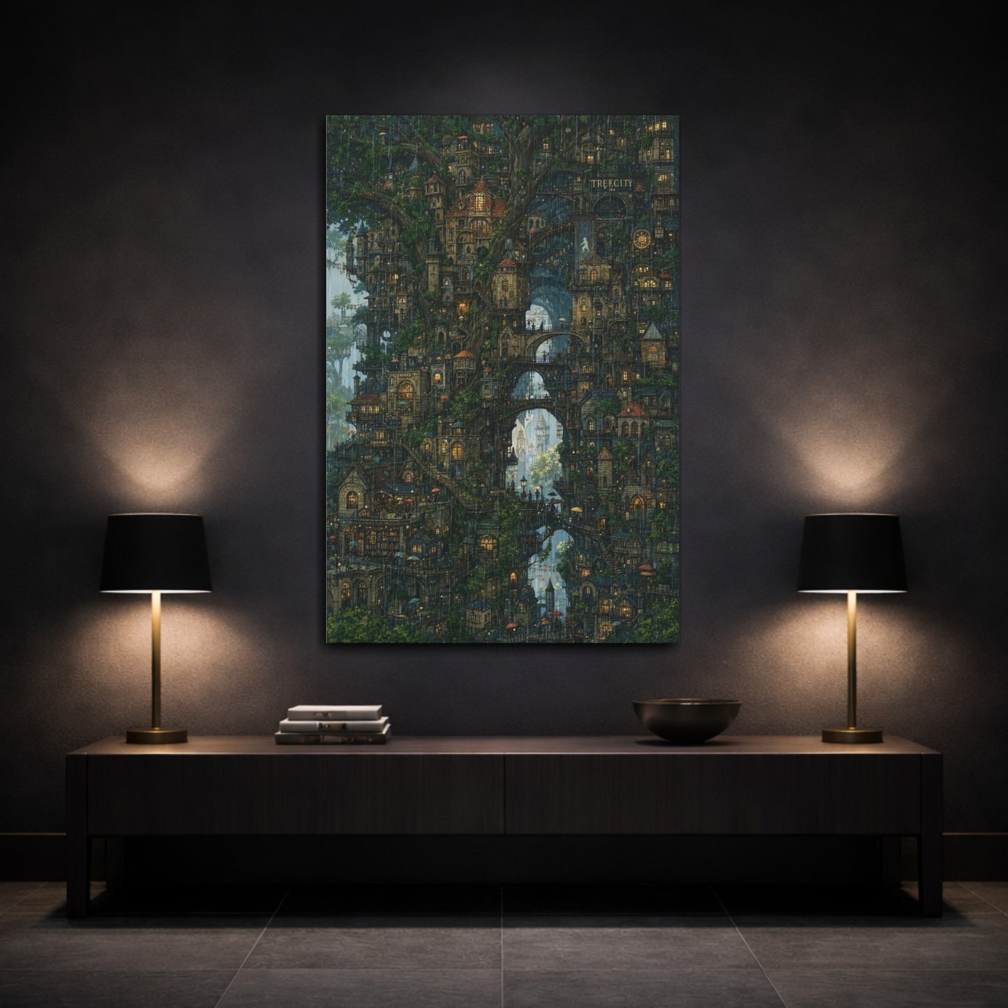 Mockup 3. Enchanted Tree City shown as canvas print