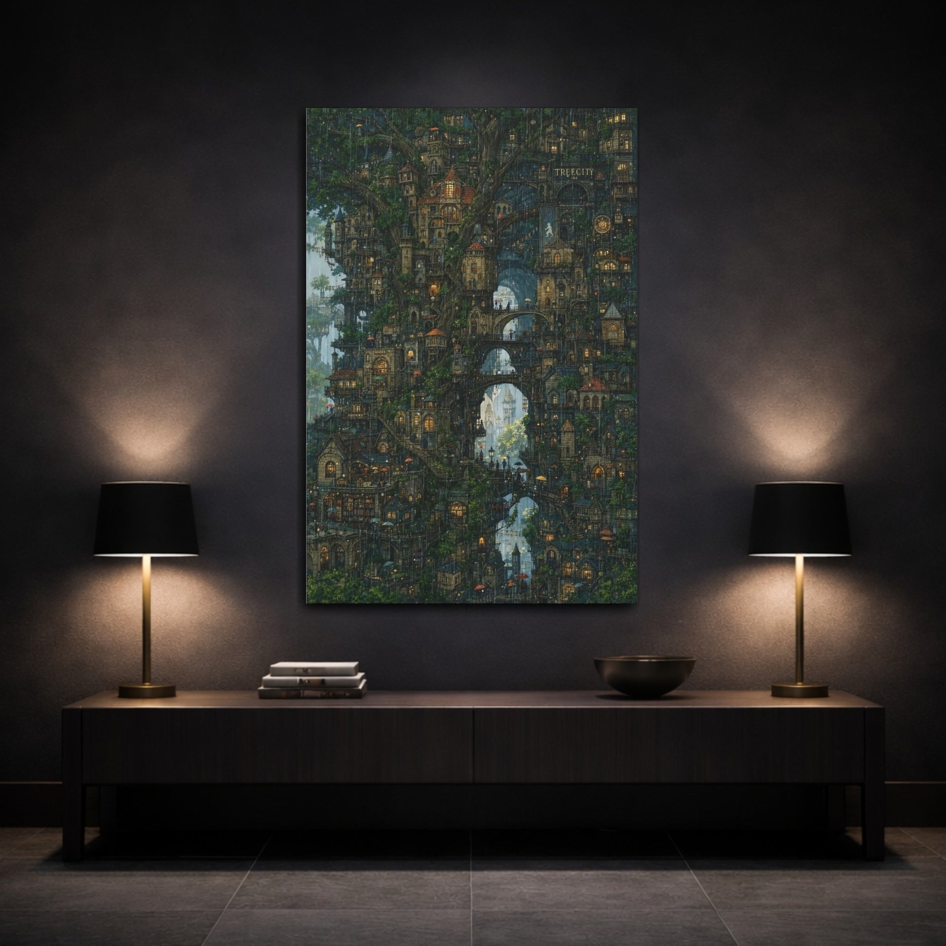 Mockup 3. Enchanted Tree City shown as canvas print