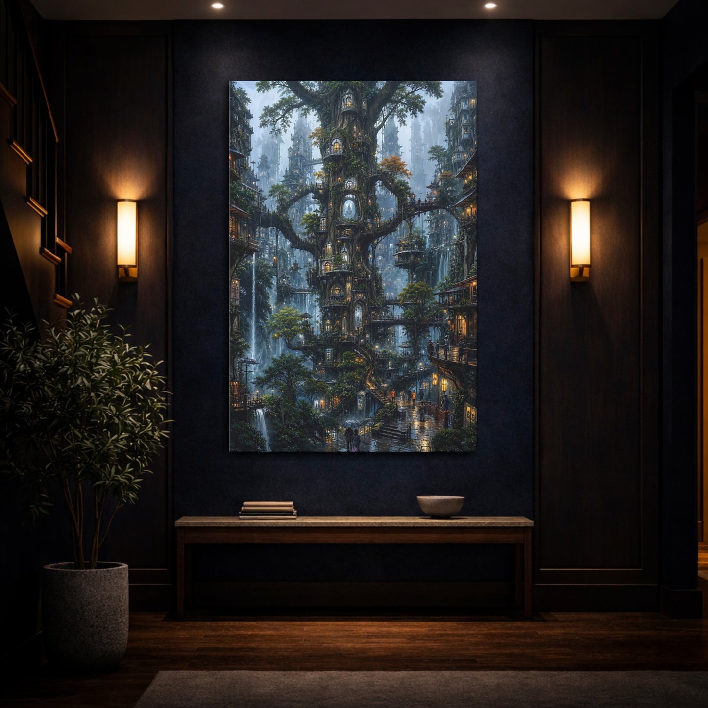 Mockup 4. Enchanted Tree City shown as canvas print