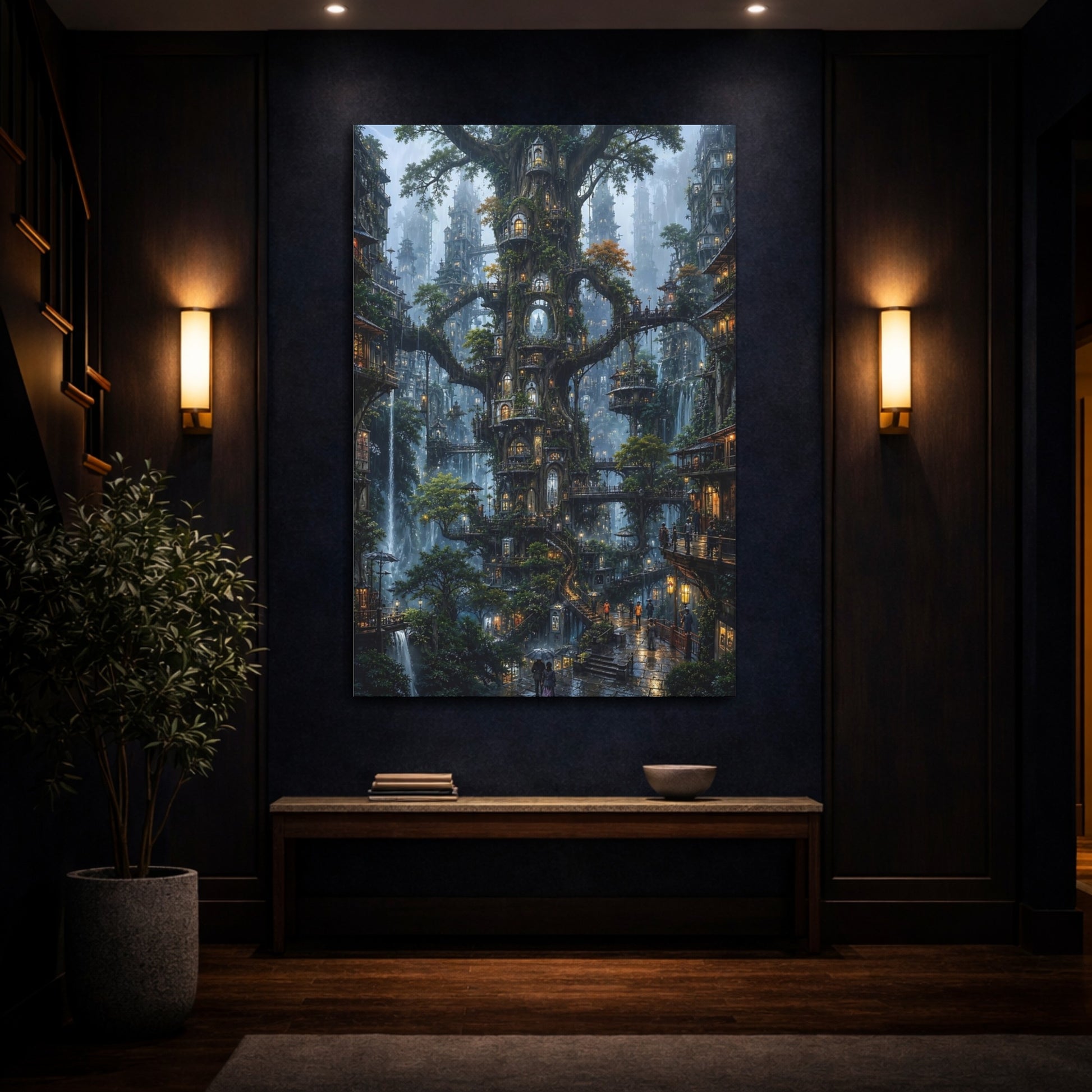 Mockup 4. Enchanted Tree City shown as canvas print