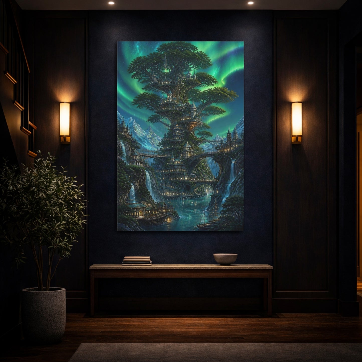 Mockup 4. Enchanted Tree City shown as canvas print