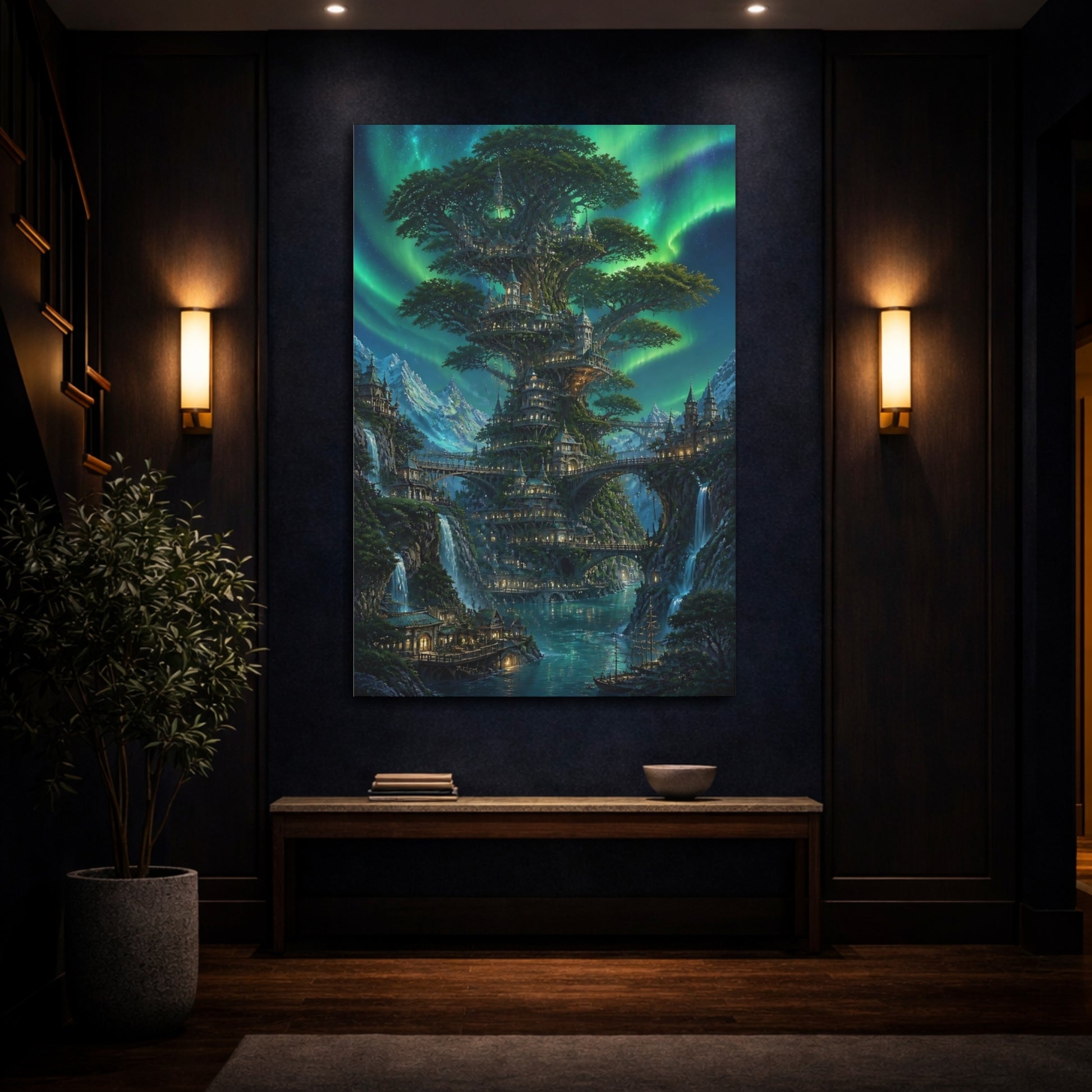 Mockup 4. Enchanted Tree City shown as canvas print