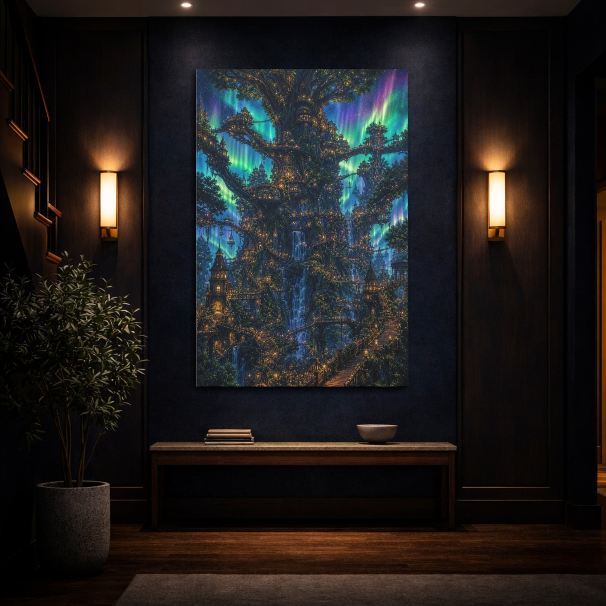 Mockup 4. Enchanted Tree City shown as canvas print