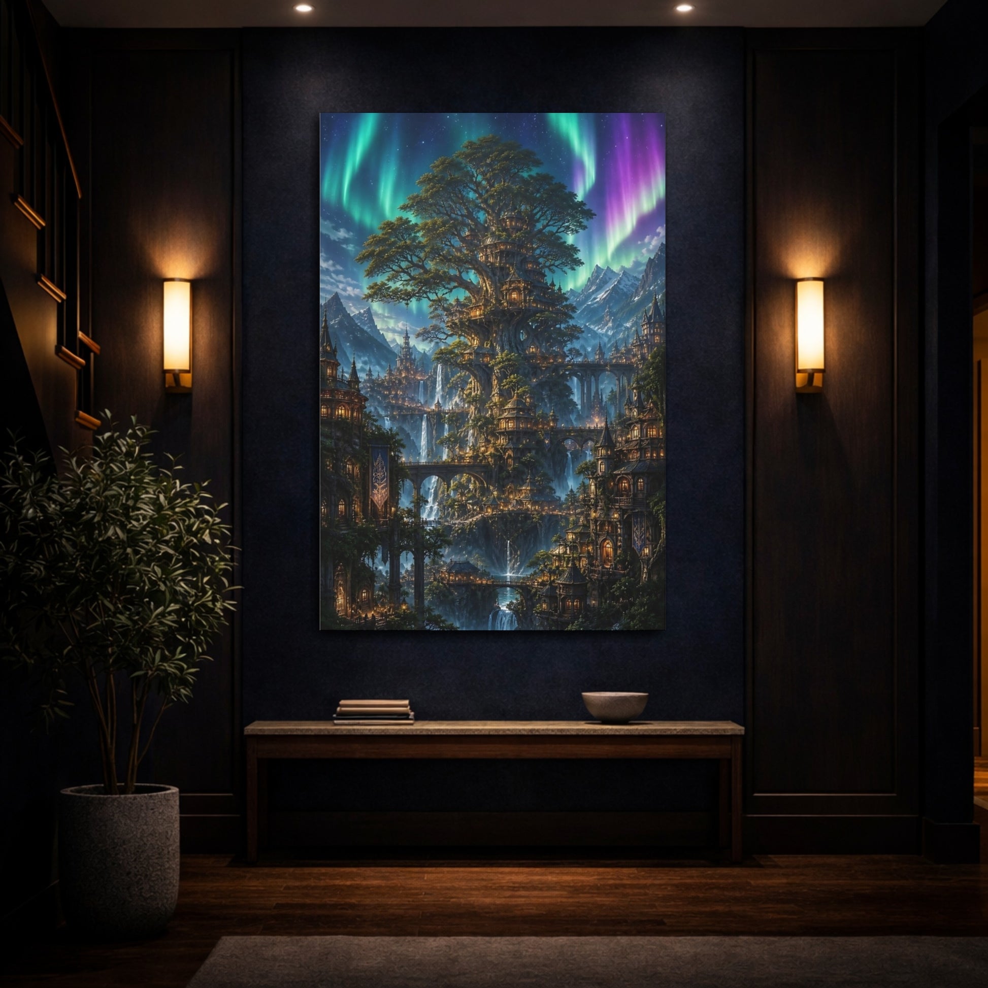 Mockup 4. Enchanted Tree City shown as canvas print