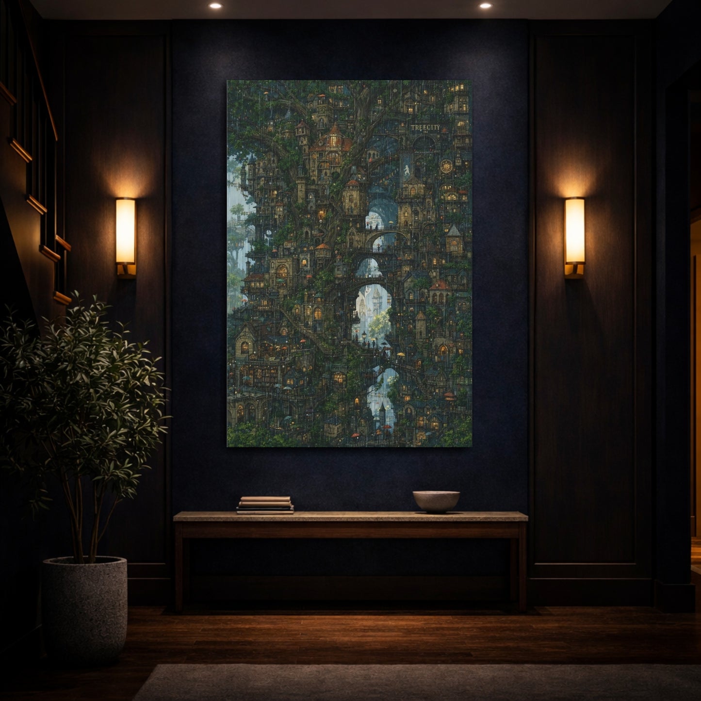 Mockup 4. Enchanted Tree City shown as canvas print