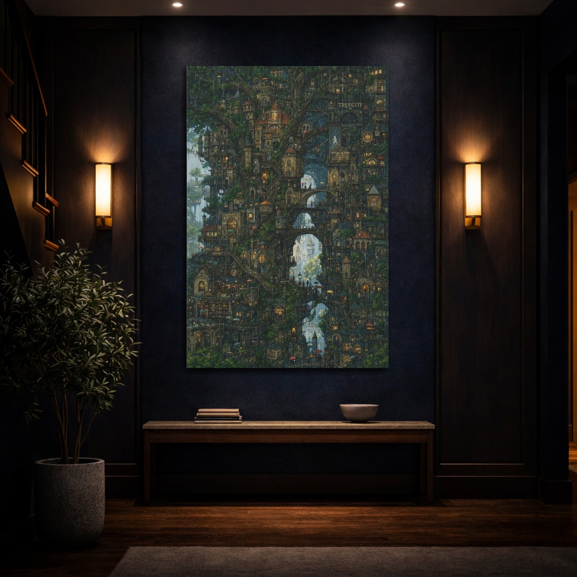 Mockup 4. Enchanted Tree City shown as canvas print