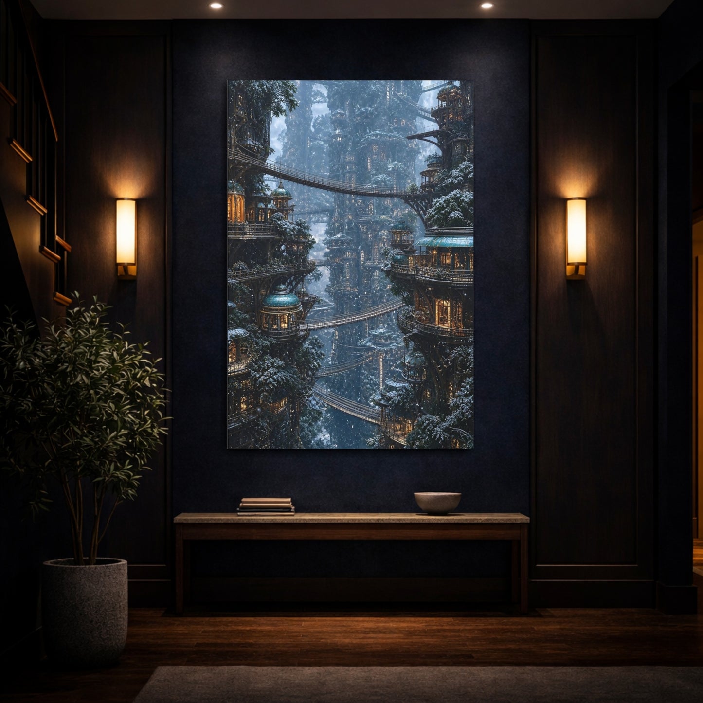 Mockup 4. Enchanted Tree City shown as canvas print
