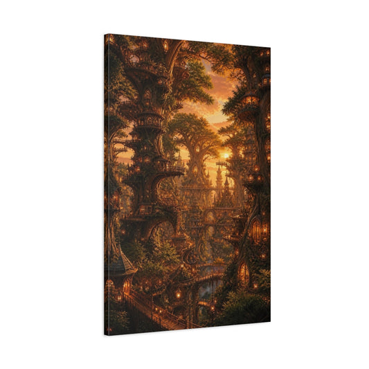 Main Mockup. Enchanted Tree City Sunset shown as canvas print