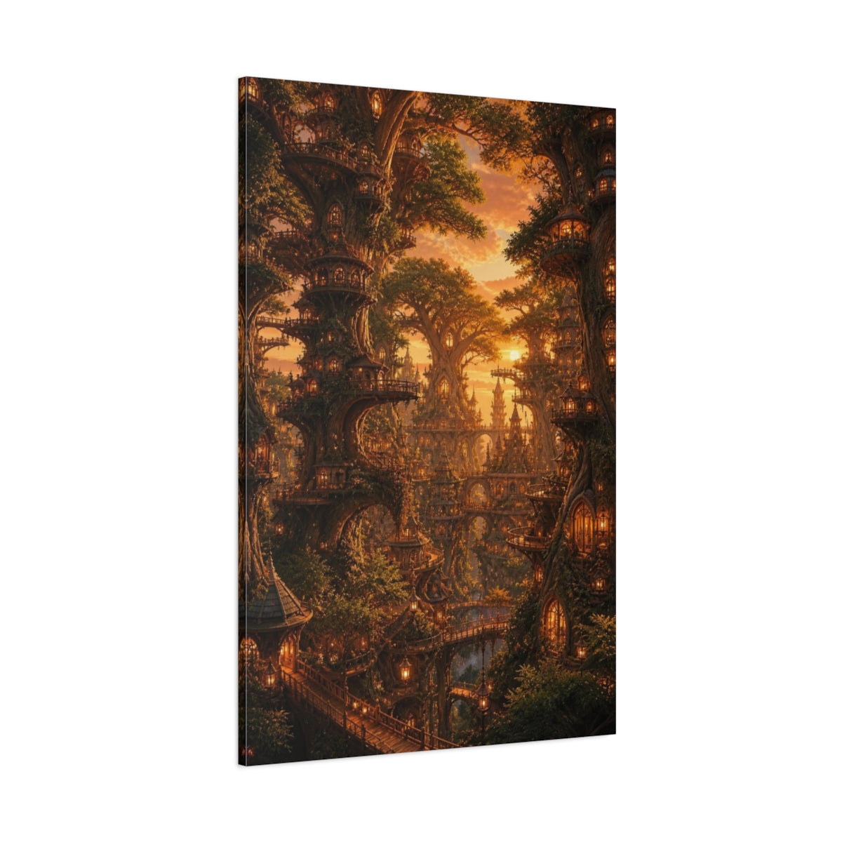 Side Mockup 1. Enchanted Tree City Sunset shown as canvas print