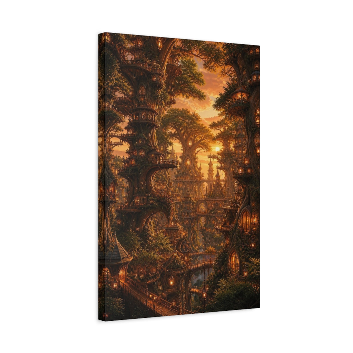 Side Mockup 3. Enchanted Tree City Sunset shown as canvas print