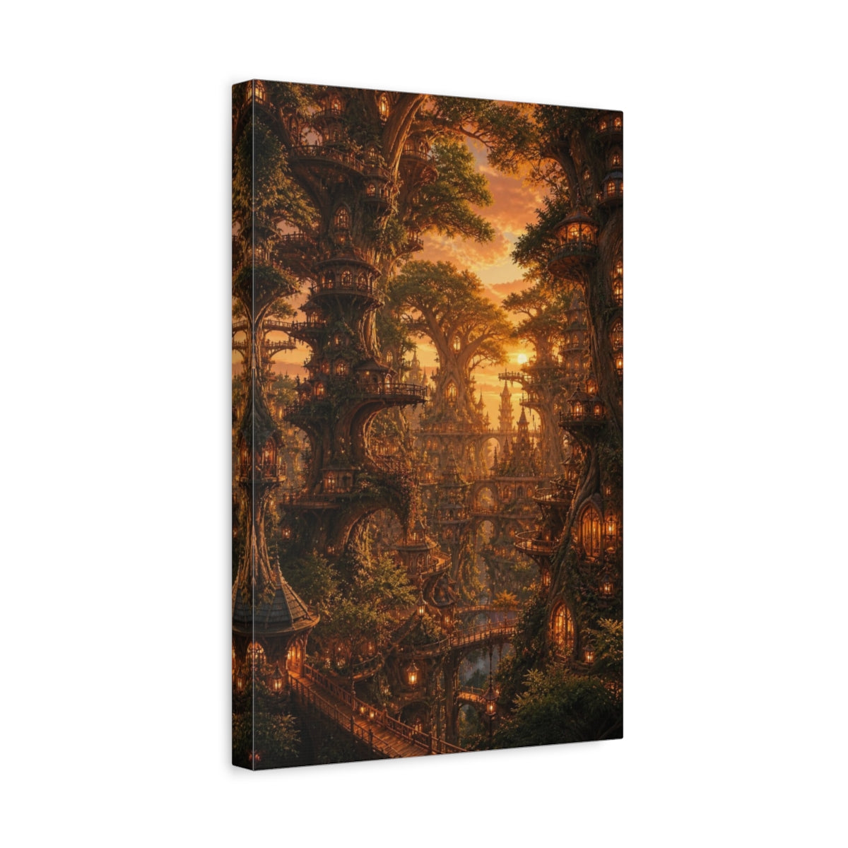 Side Mockup 4. Enchanted Tree City Sunset shown as canvas print