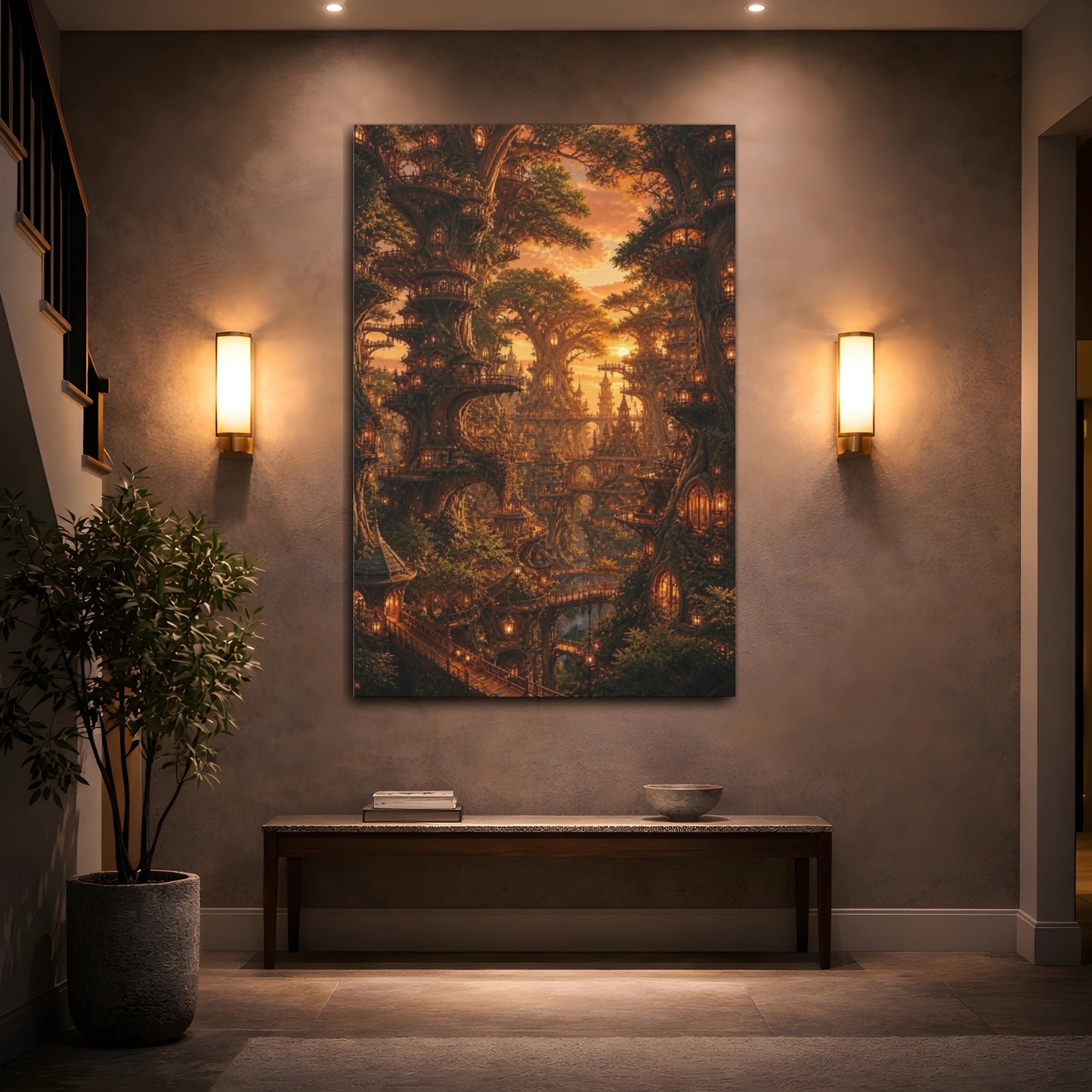 Mockup 2. Enchanted Tree City Sunset shown as canvas print