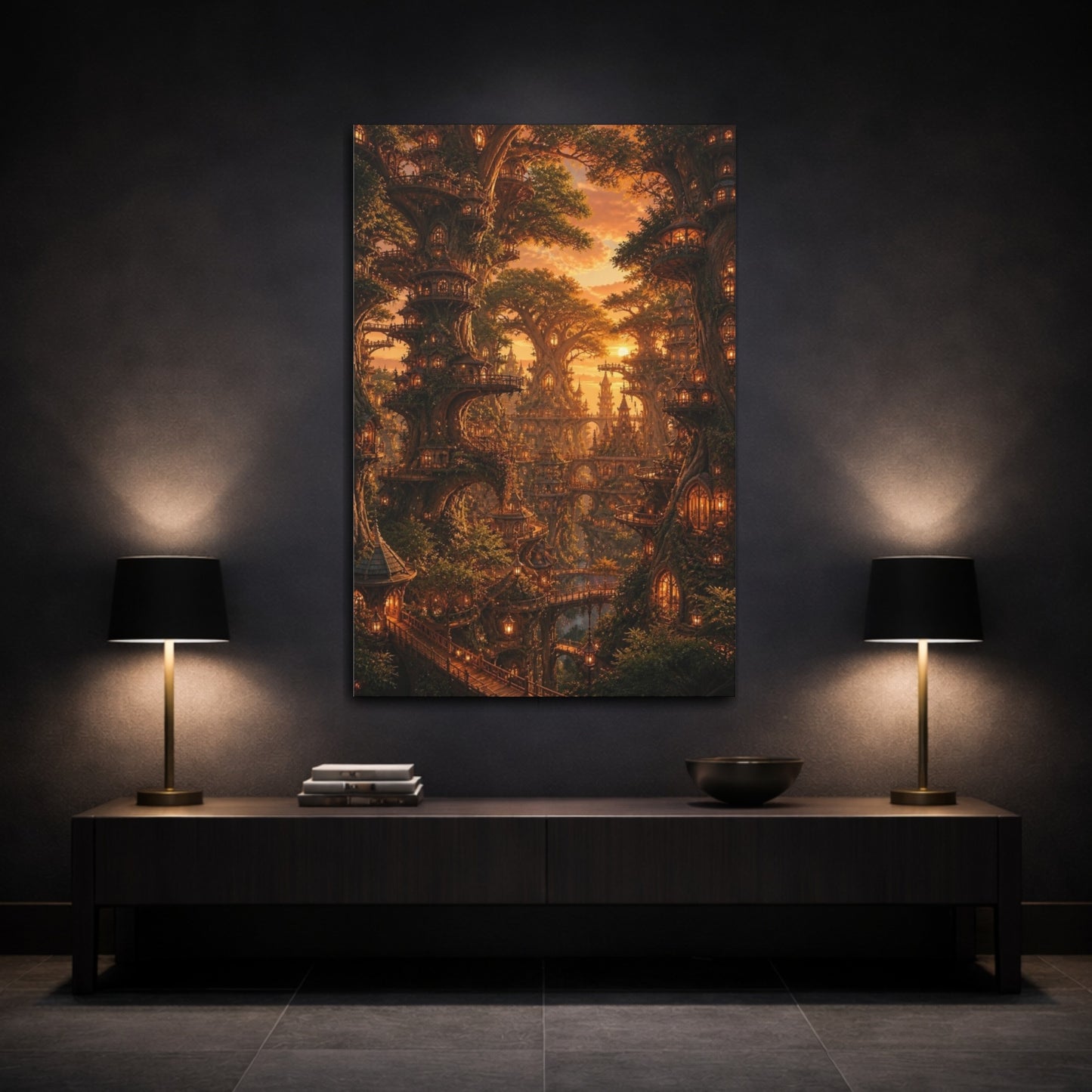Mockup 3. Enchanted Tree City Sunset shown as canvas print