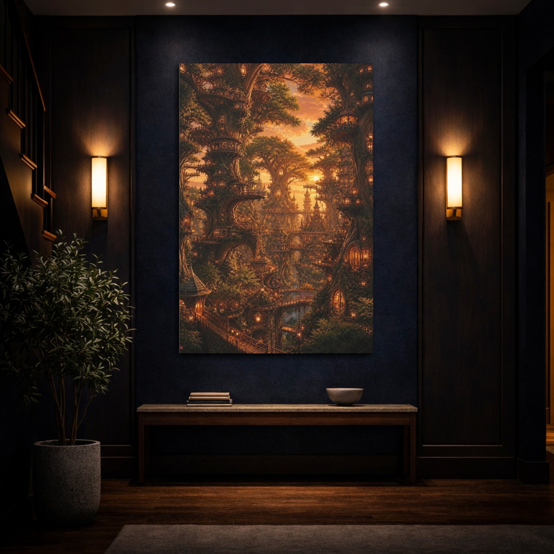 Mockup 4. Enchanted Tree City Sunset shown as canvas print