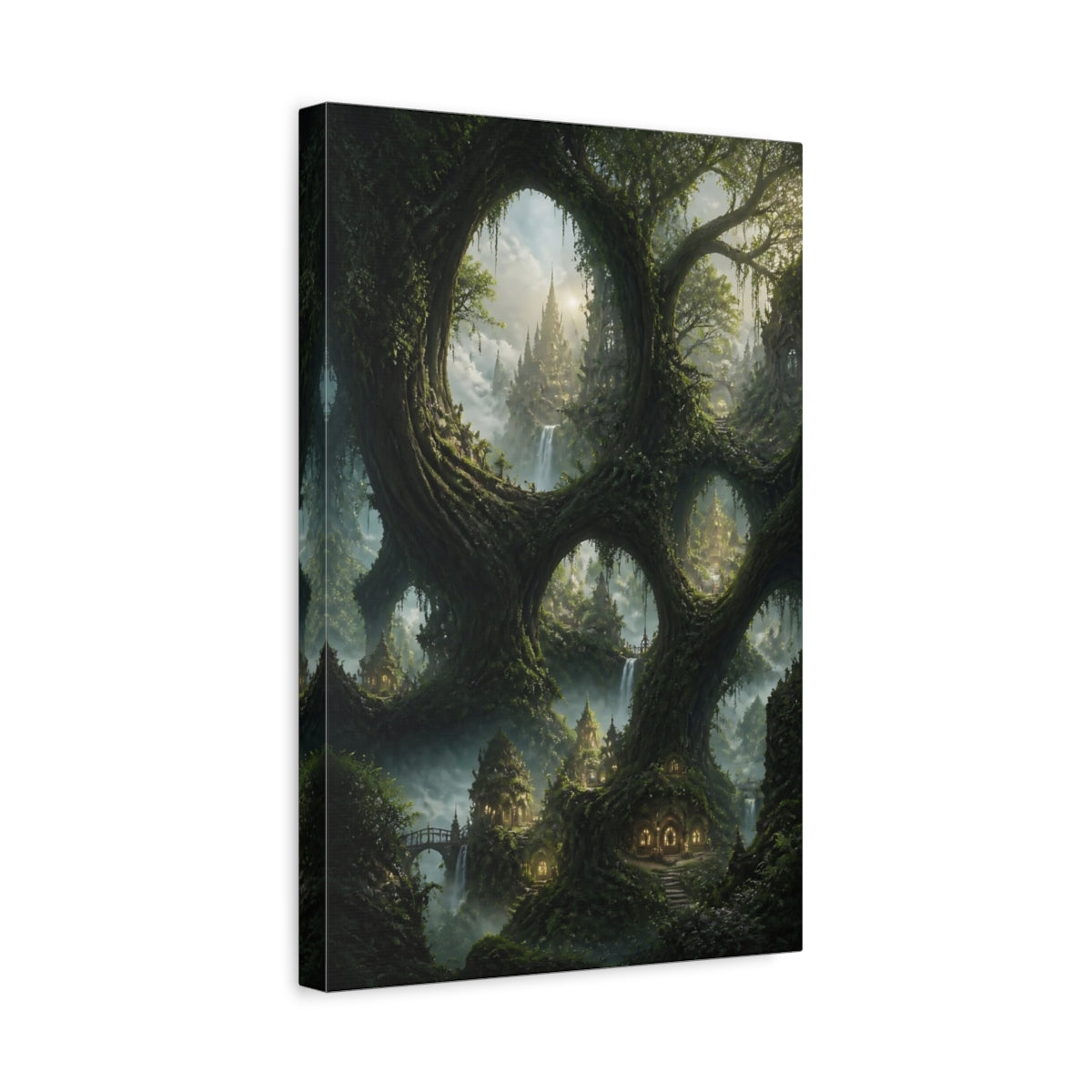 Side Mockup 4. Enchanted Tree City Vista shown as canvas print