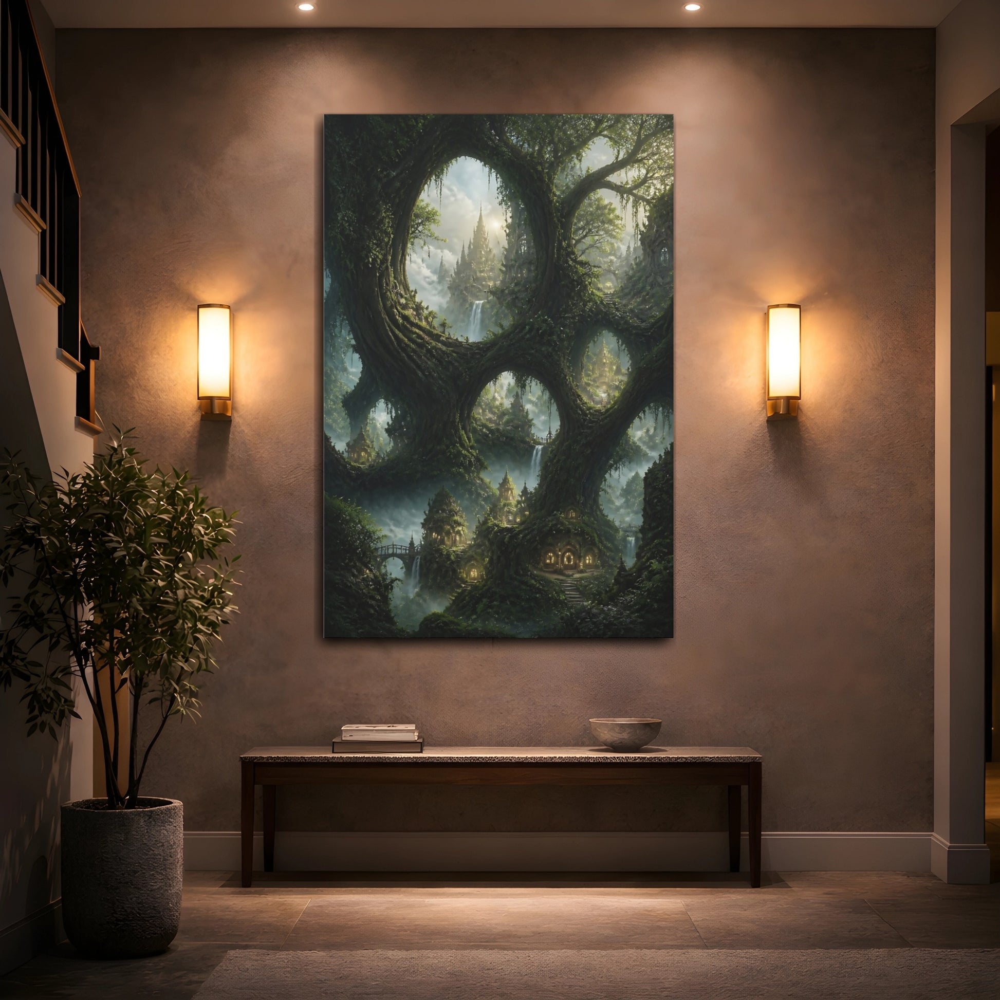 Mockup 2. Enchanted Tree City Vista shown as canvas print