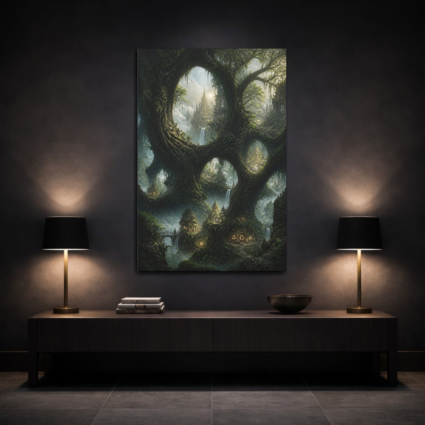 Mockup 3. Enchanted Tree City Vista shown as canvas print