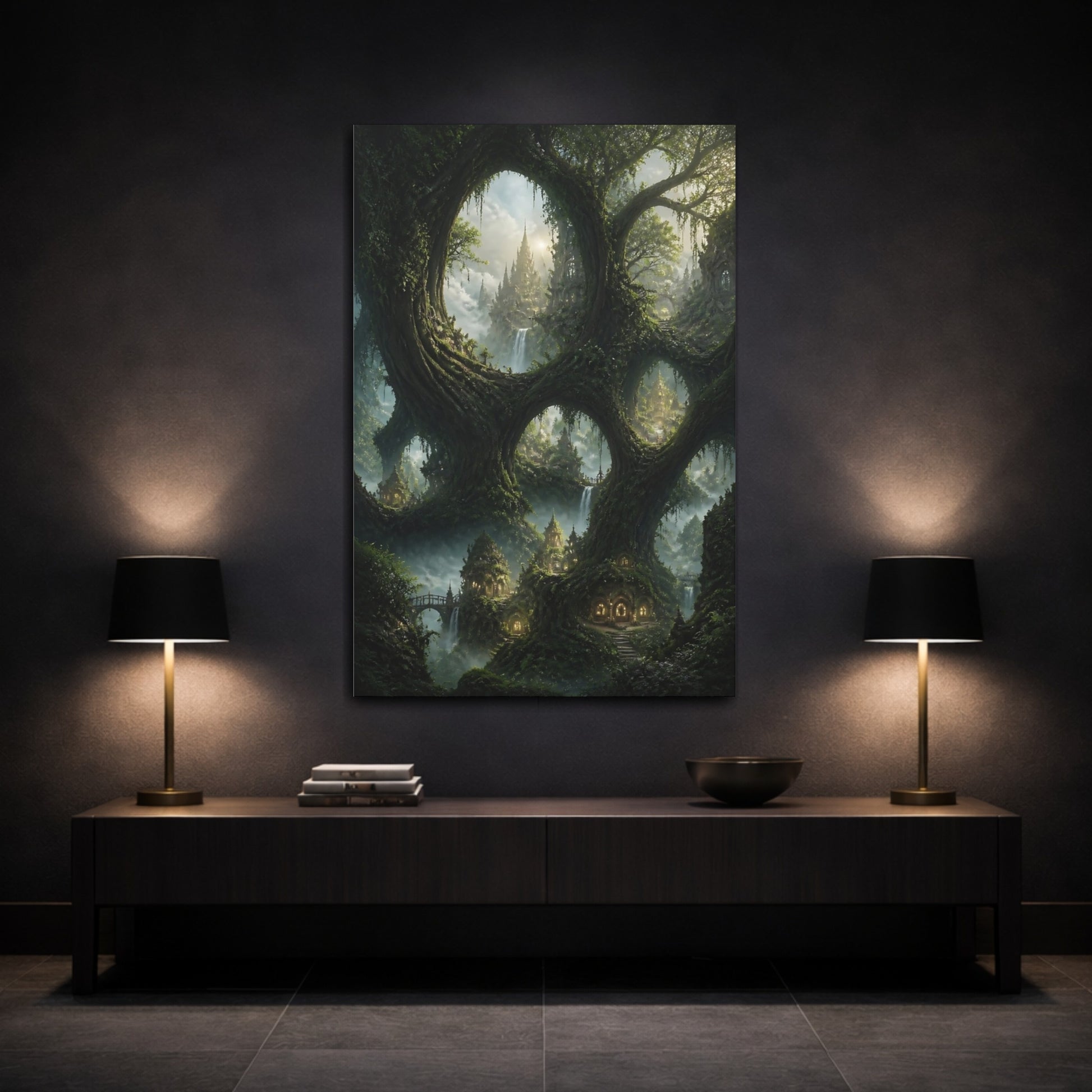 Mockup 3. Enchanted Tree City Vista shown as canvas print