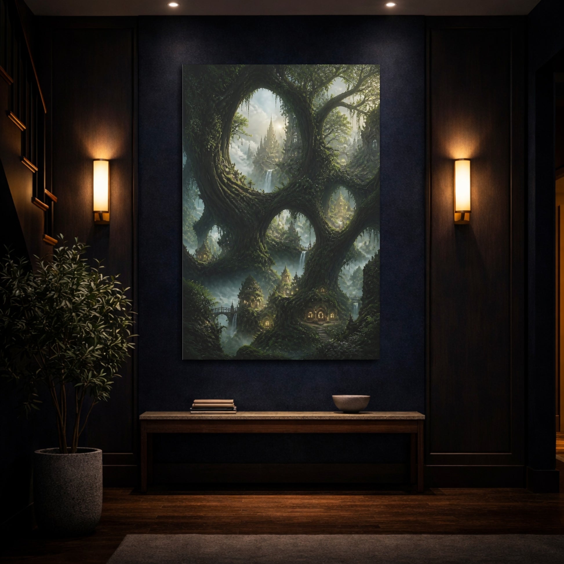 Mockup 4. Enchanted Tree City Vista shown as canvas print
