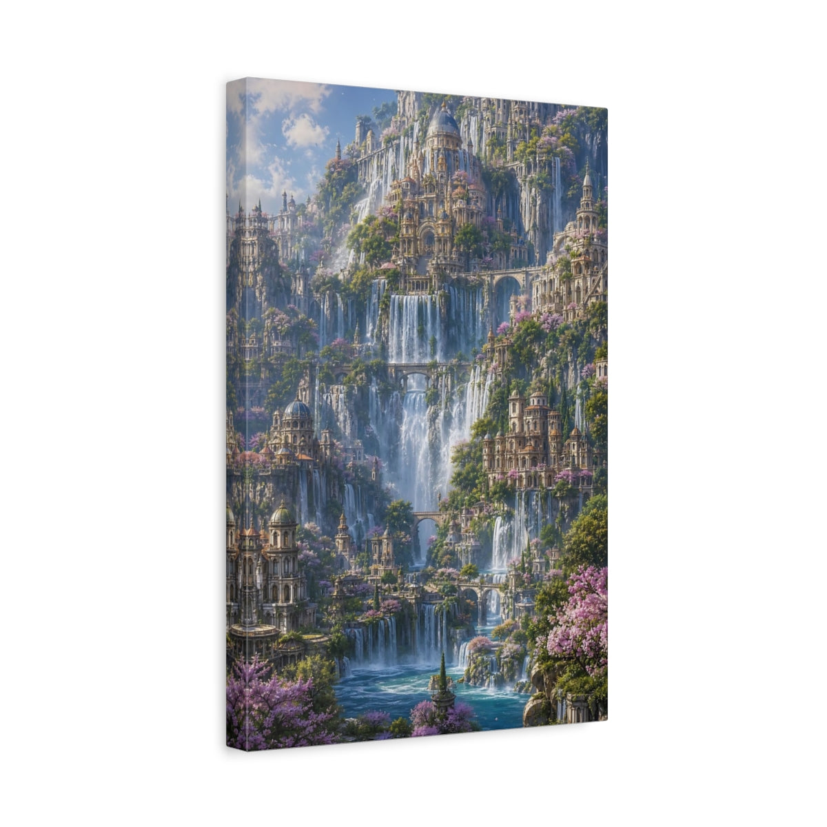 Side Mockup 4. Enchanted Waterfall City shown as canvas print