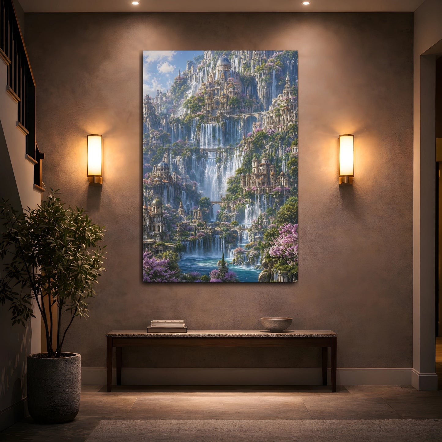 Mockup 2. Enchanted Waterfall City shown as canvas print