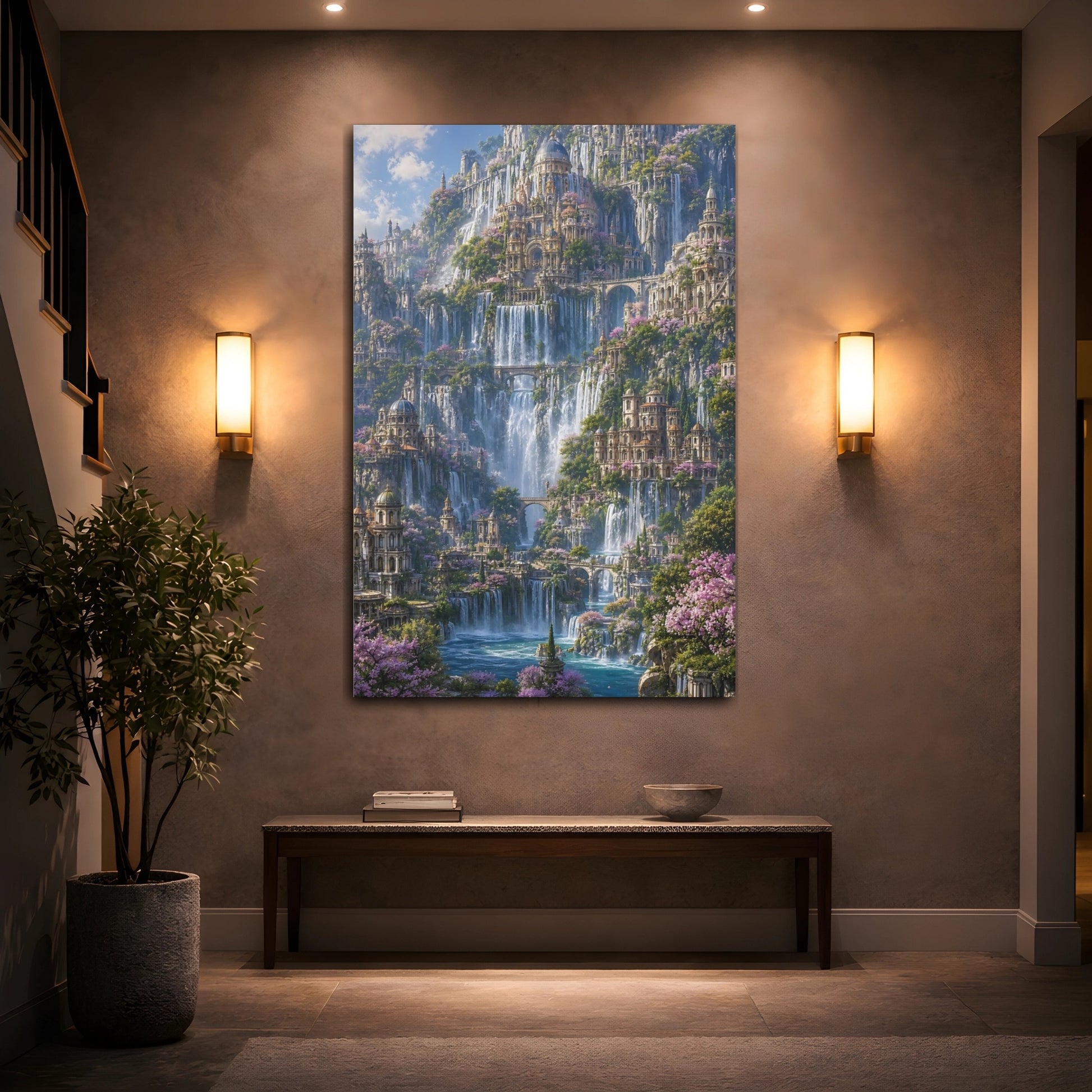 Mockup 2. Enchanted Waterfall City shown as canvas print