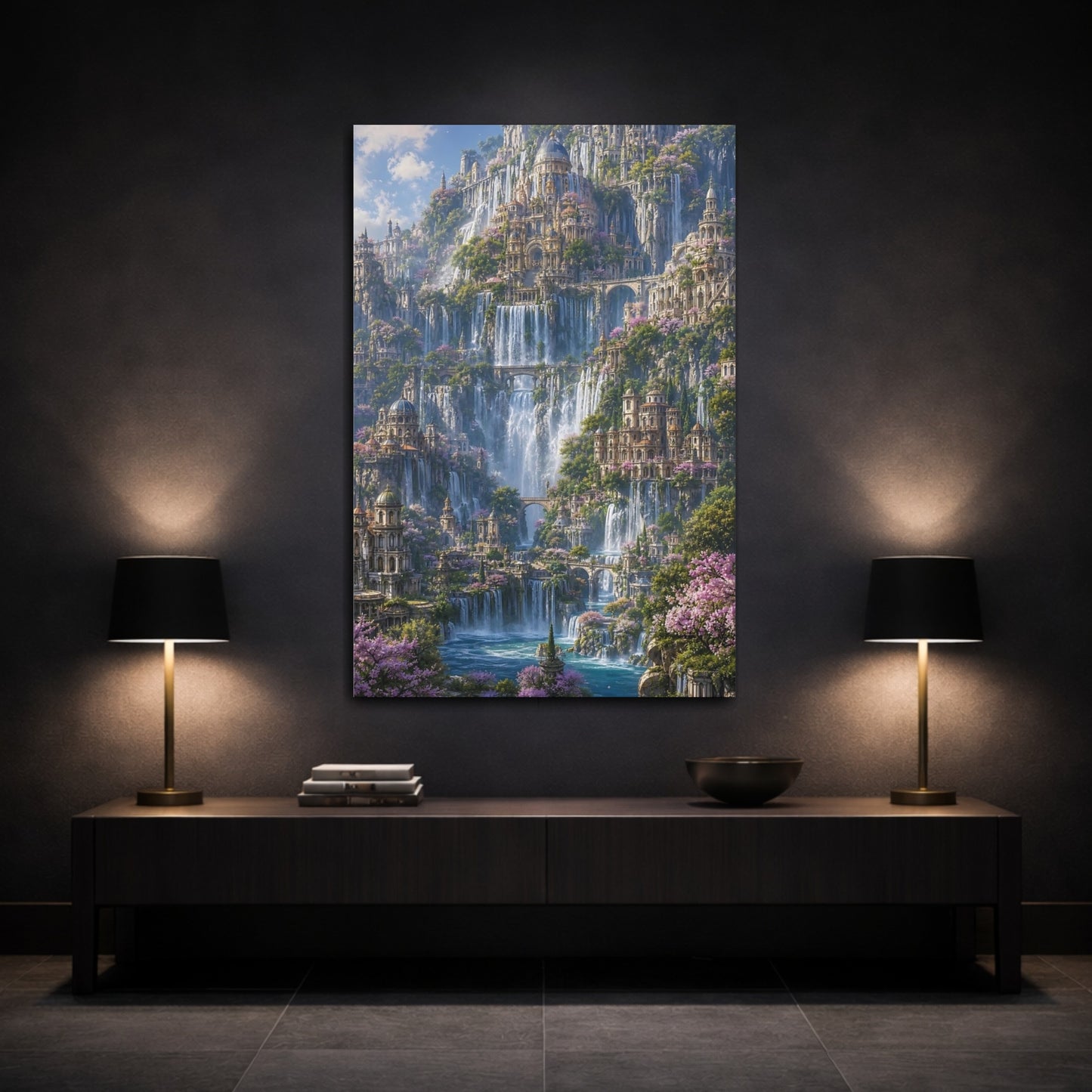 Mockup 3. Enchanted Waterfall City shown as canvas print