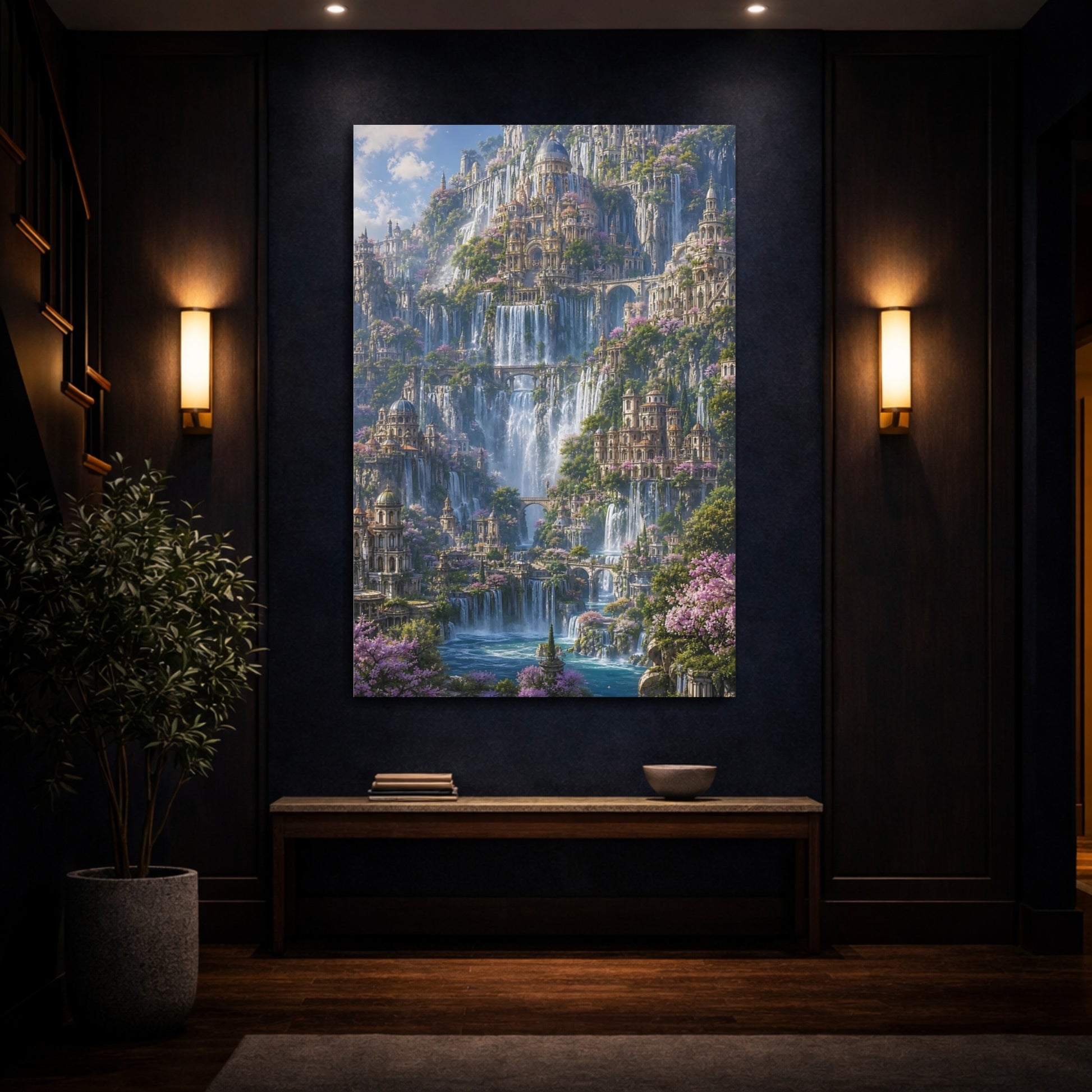 Mockup 4. Enchanted Waterfall City shown as canvas print