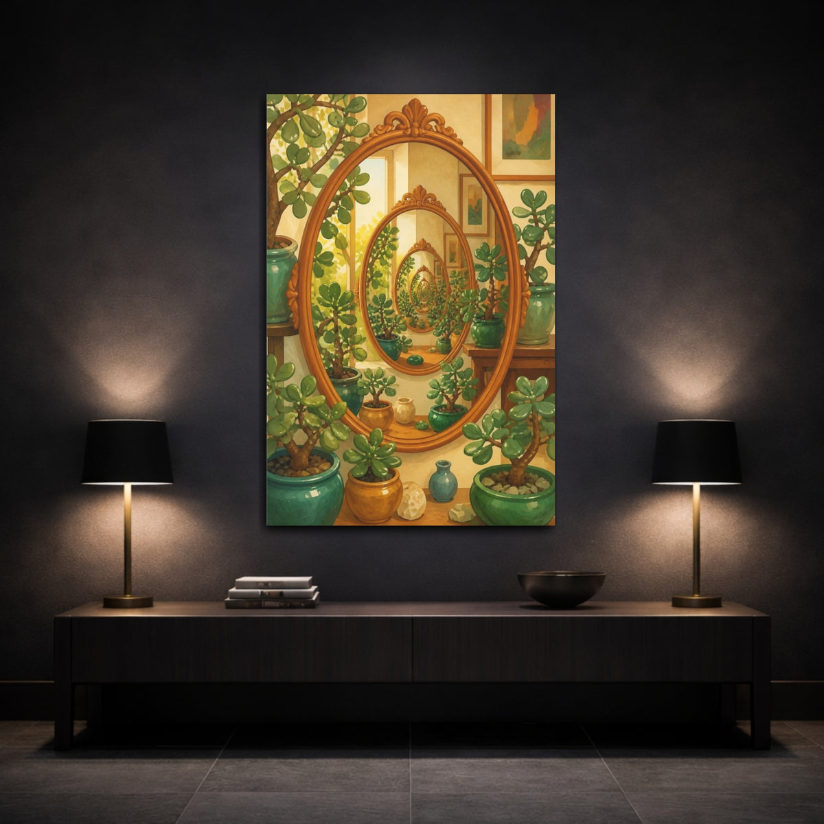 Mockup 3. Endless Jade Reflection shown as canvas print