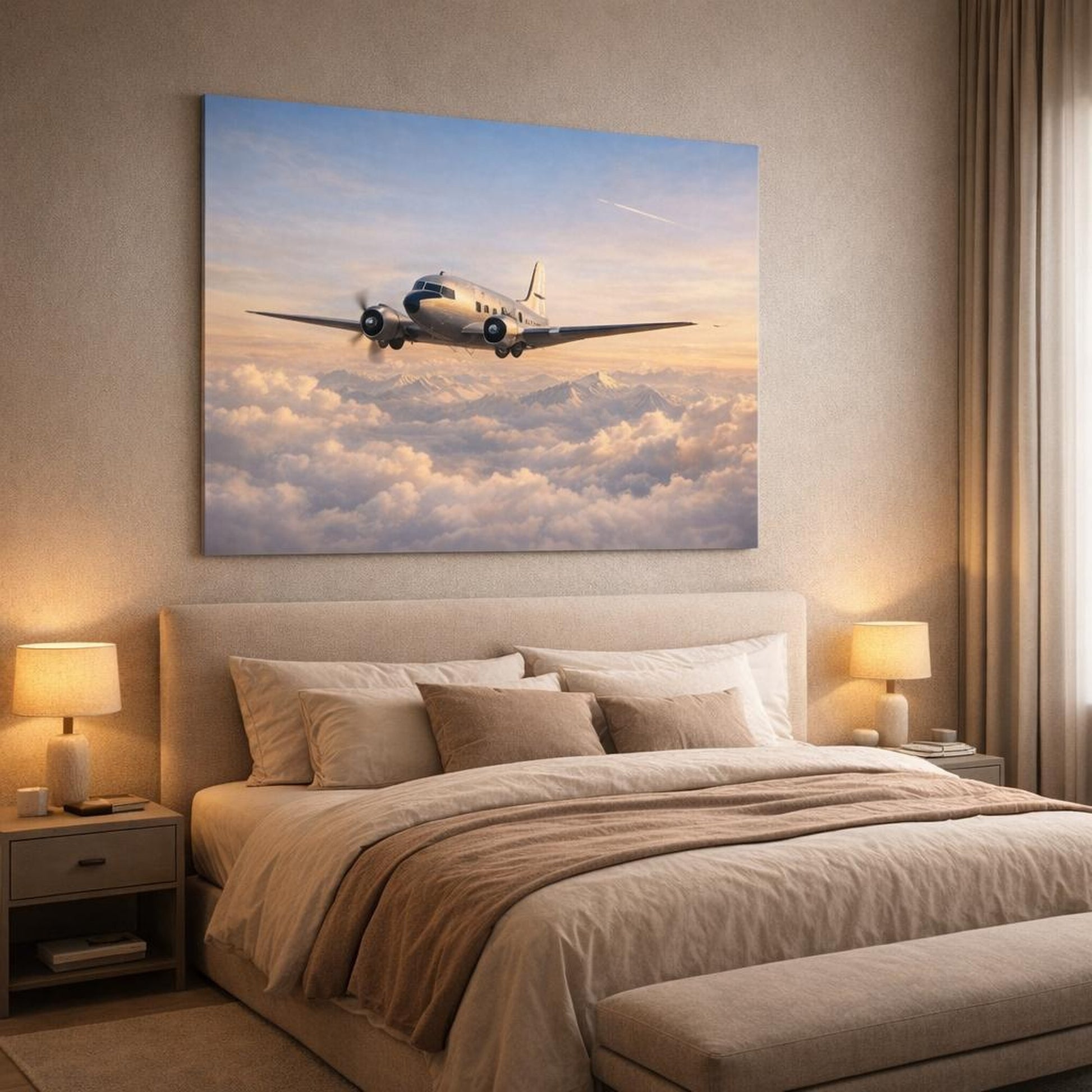 Ethereal Airplane Adventure shown as canvas wall art in a luxury bedroom