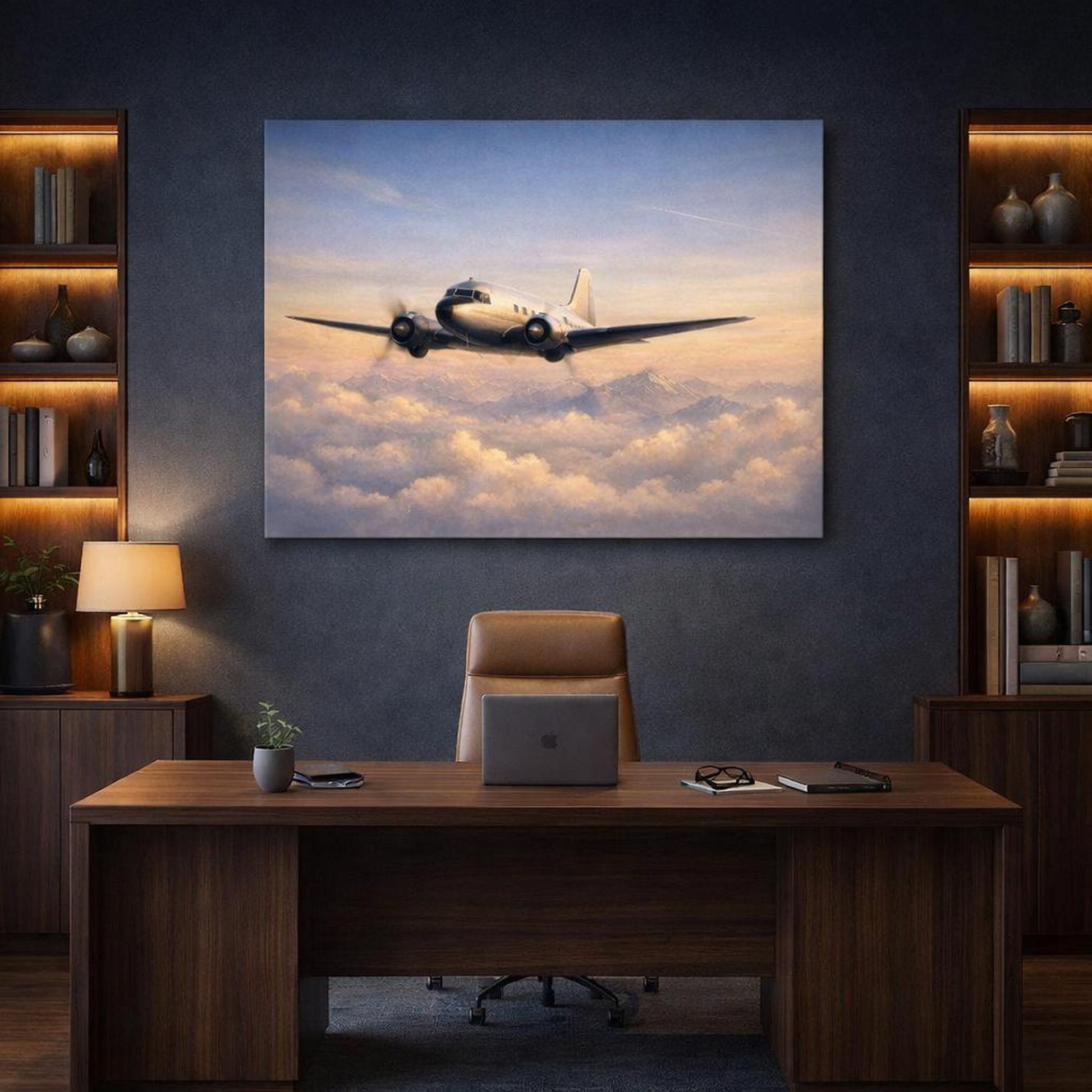 Ethereal Airplane Adventure shown as canvas wall art in a refined dining room