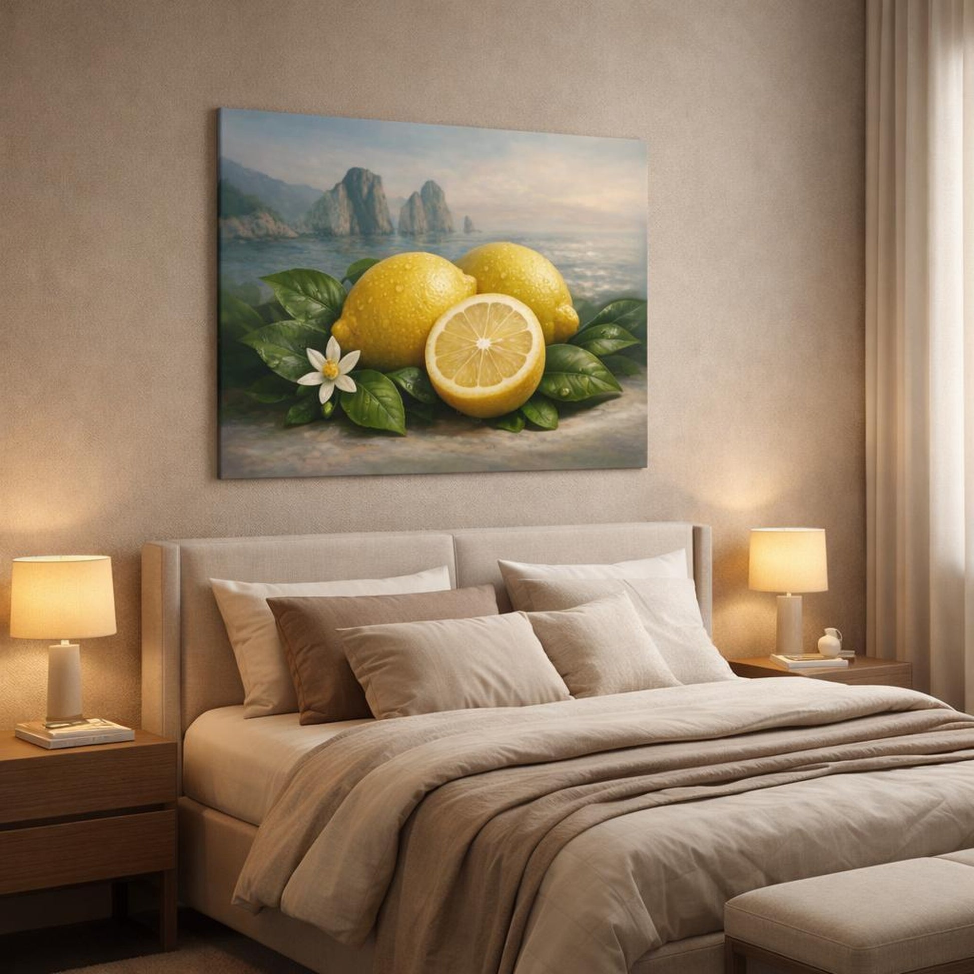 Ethereal Capri Lemons shown as canvas wall art in a luxury bedroom