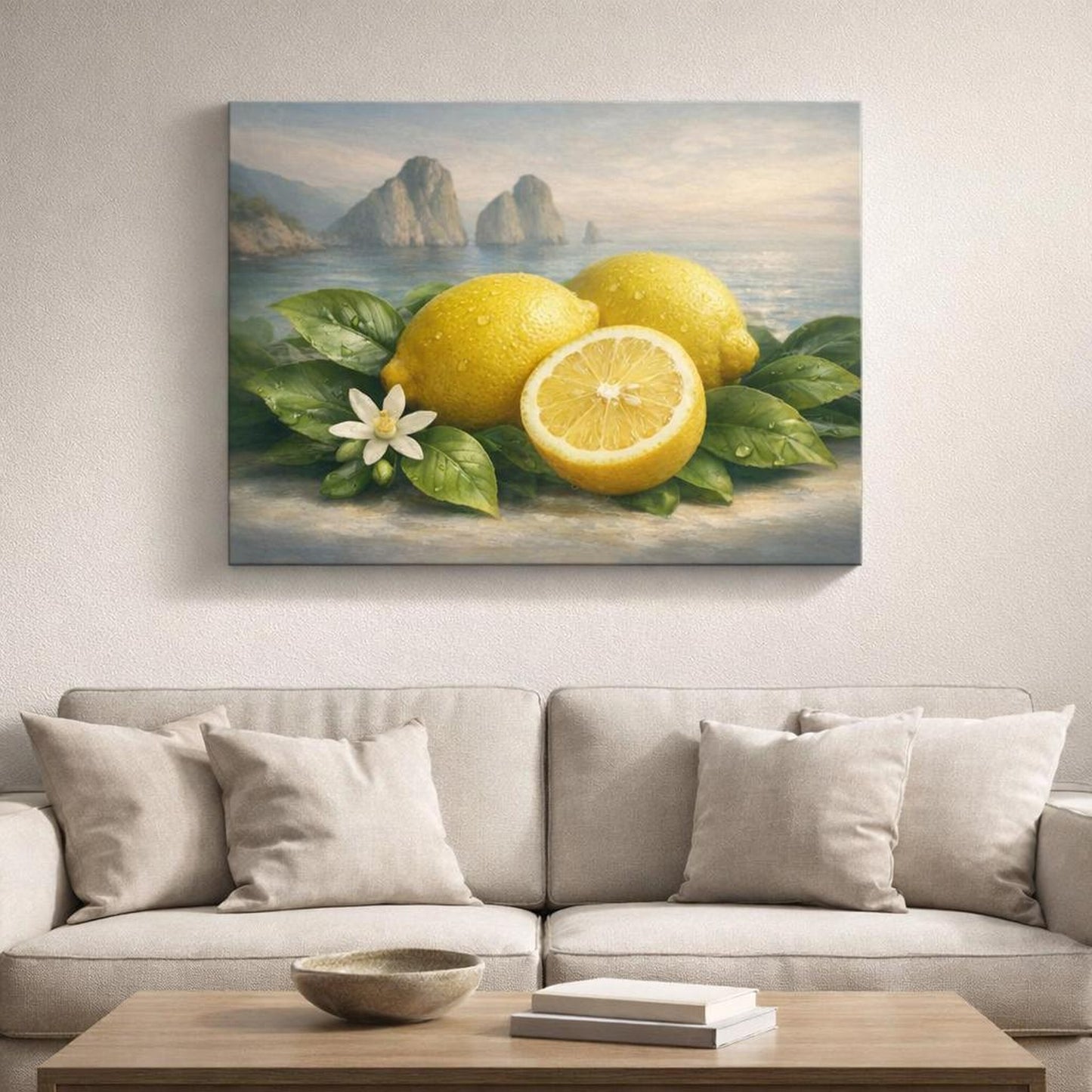 Ethereal Capri Lemons shown as canvas wall art in a refined dining room