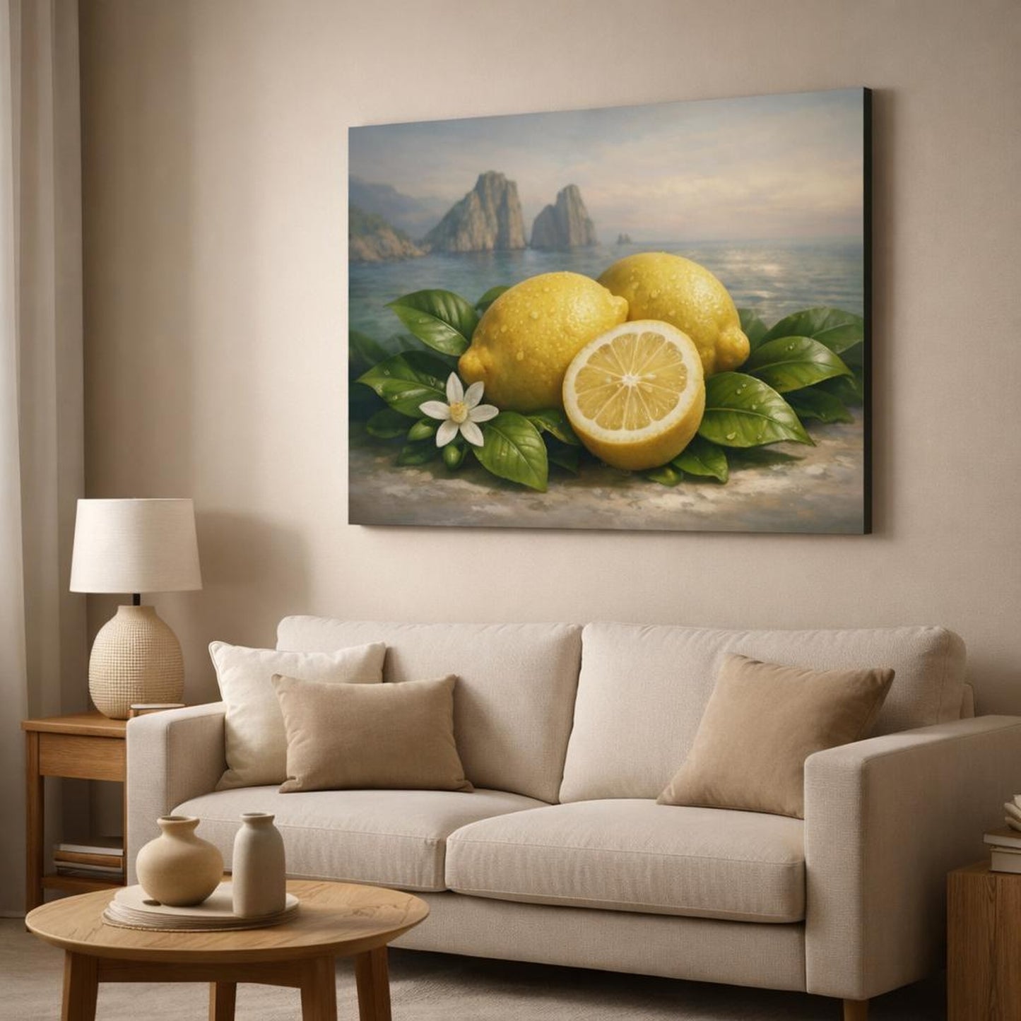 Ethereal Capri Lemons shown as canvas wall art in a modern living room