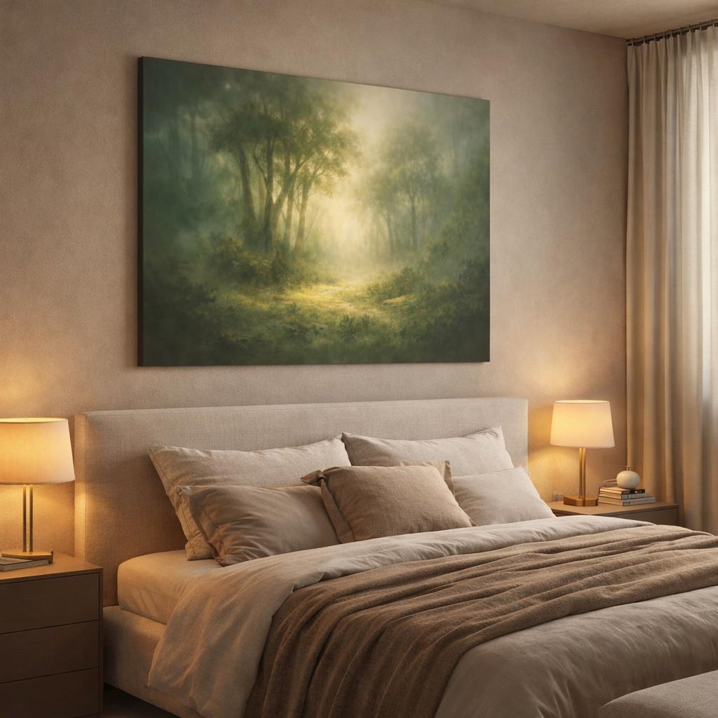 Ethereal Forest Trees shown as canvas wall art in a luxury bedroom