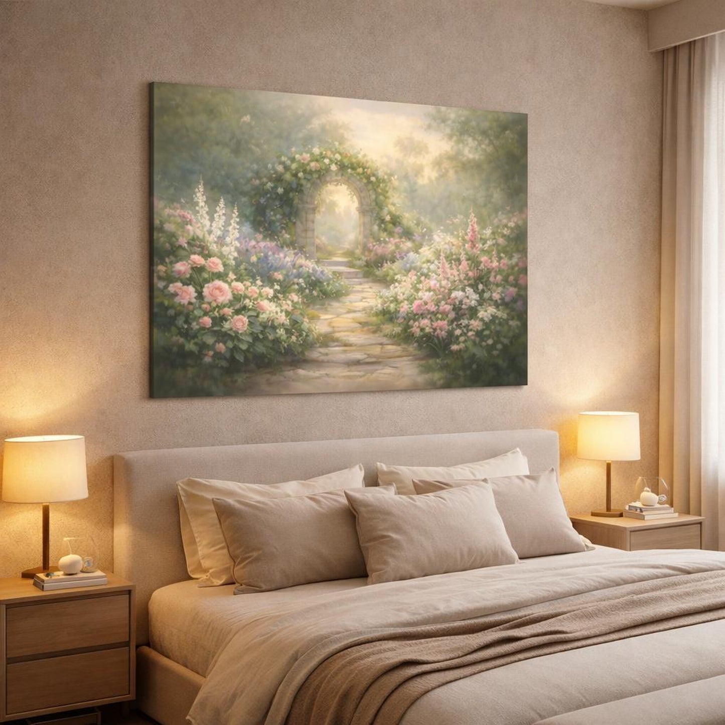Ethereal Garden Path shown as canvas wall art in a luxury bedroom