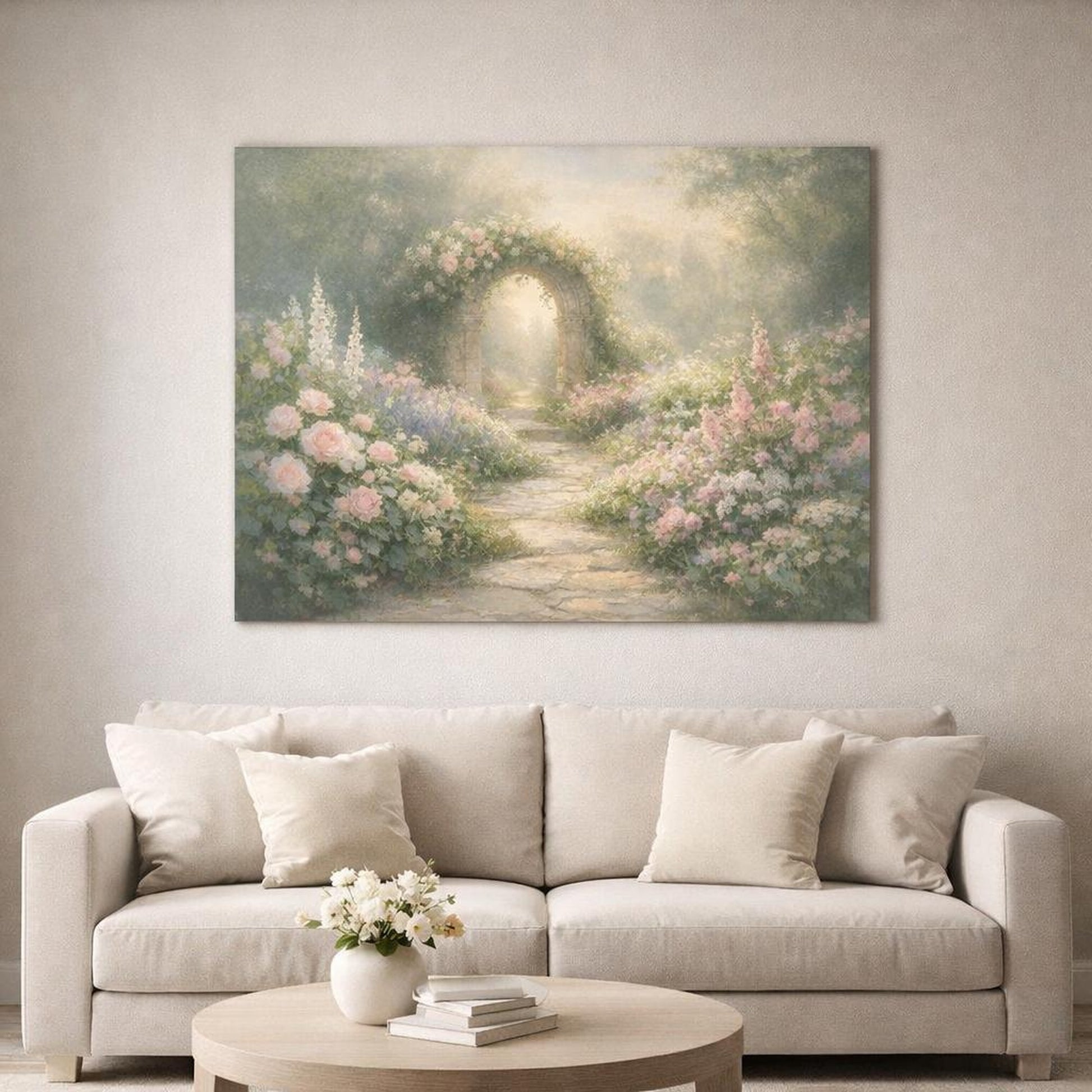 Ethereal Garden Path shown as canvas wall art in a refined dining room