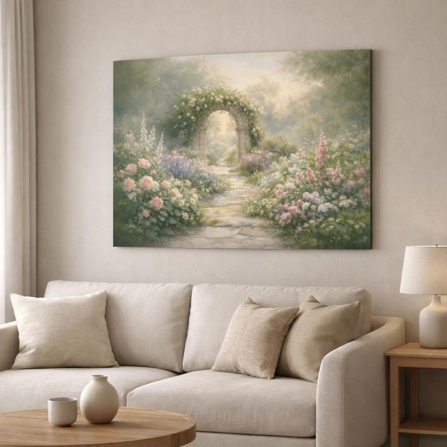 Ethereal Garden Path shown as canvas wall art in a modern living room