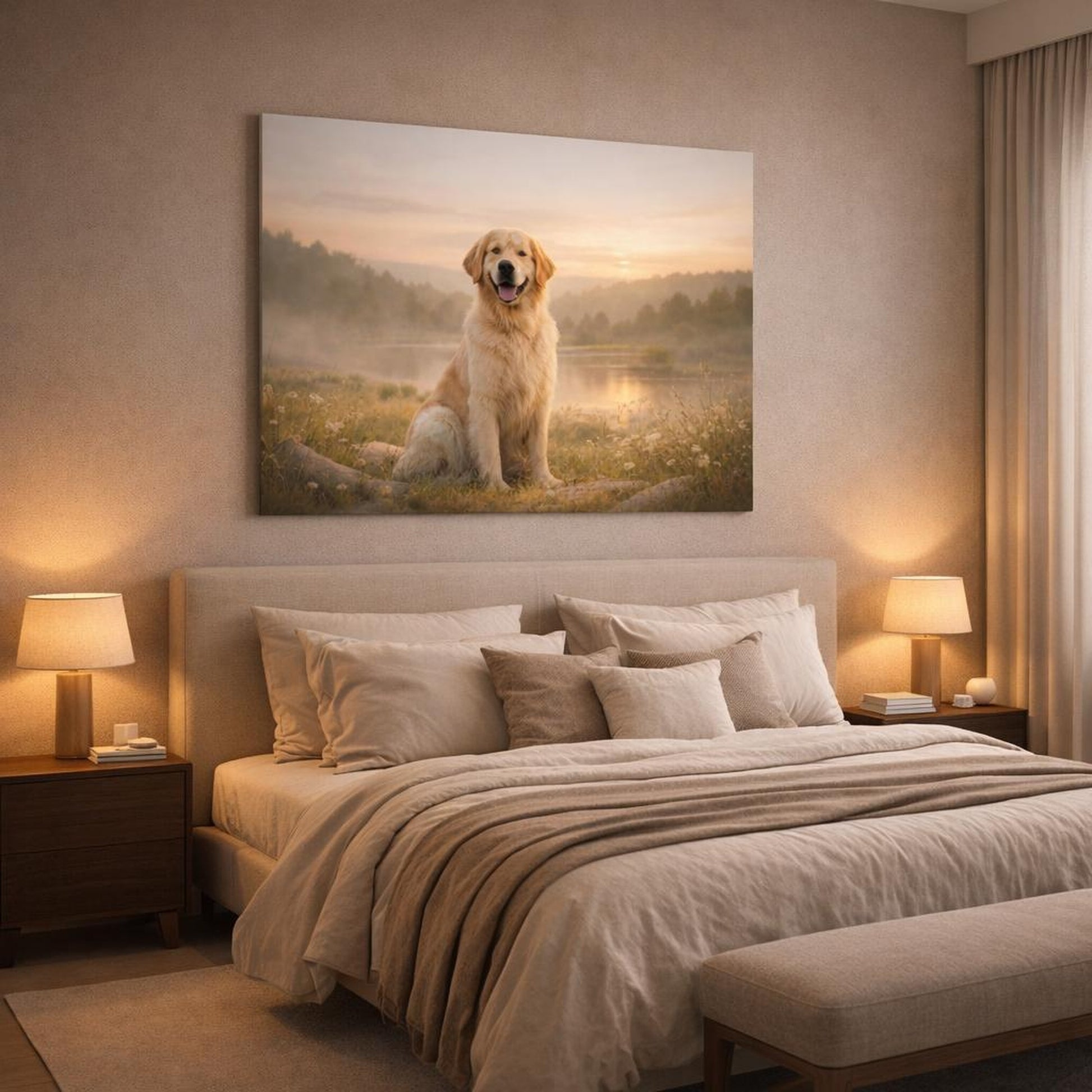 Ethereal Golden Retriever shown as canvas wall art in a luxury bedroom
