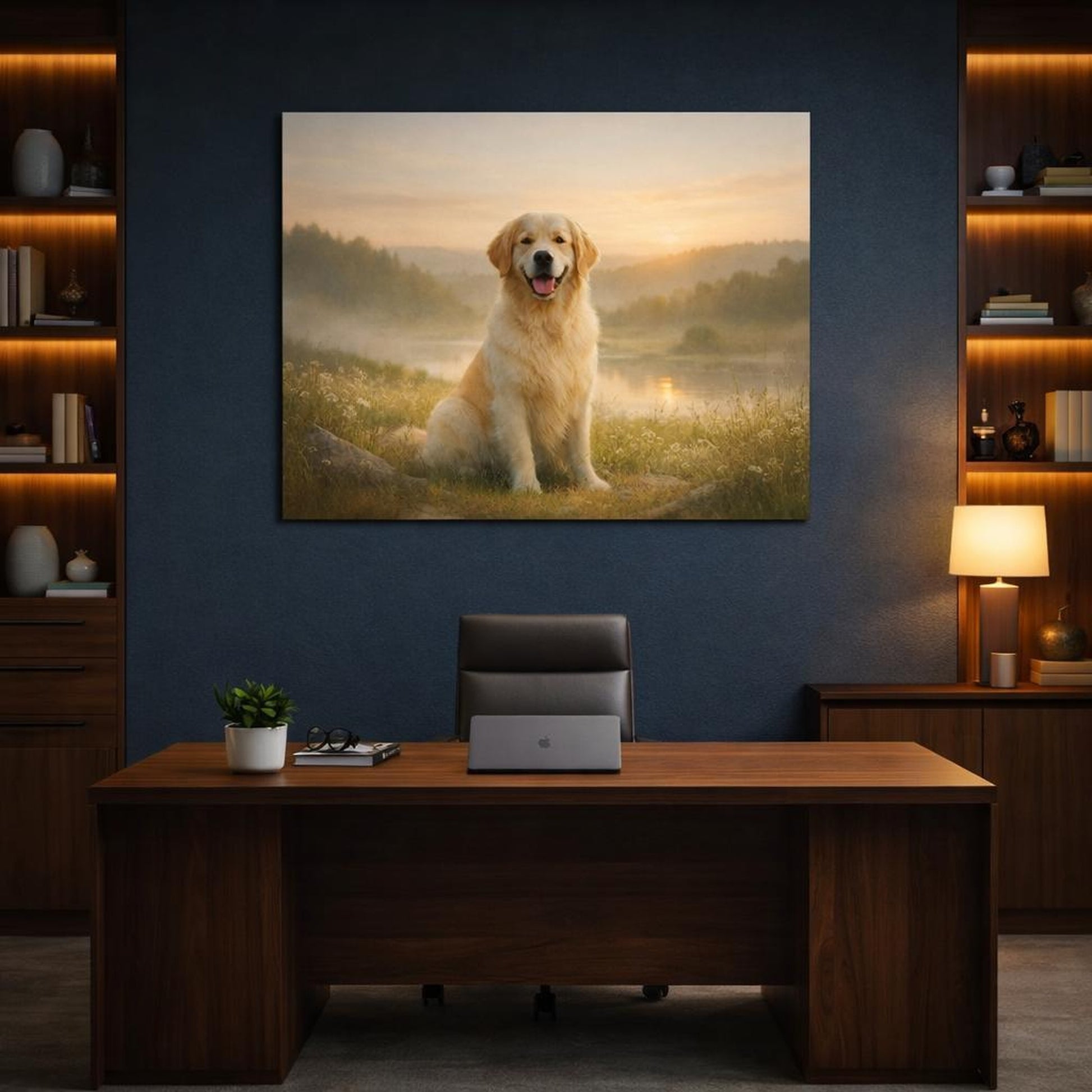 Ethereal Golden Retriever shown as canvas wall art in a refined dining room