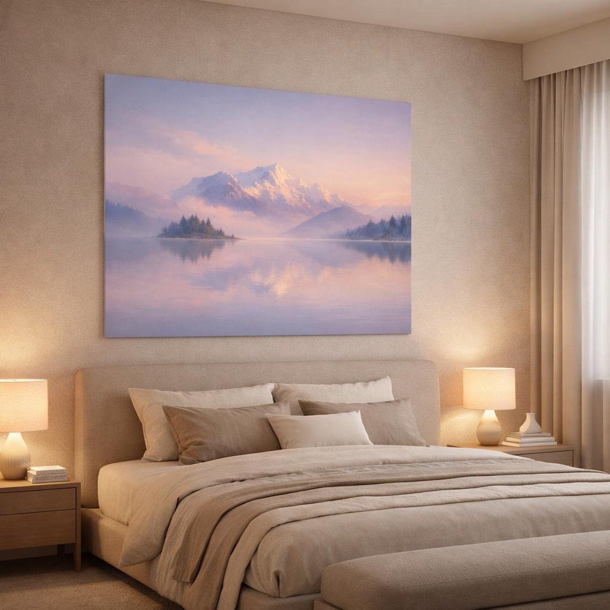 Ethereal Lake Pastel shown as canvas wall art in a luxury bedroom