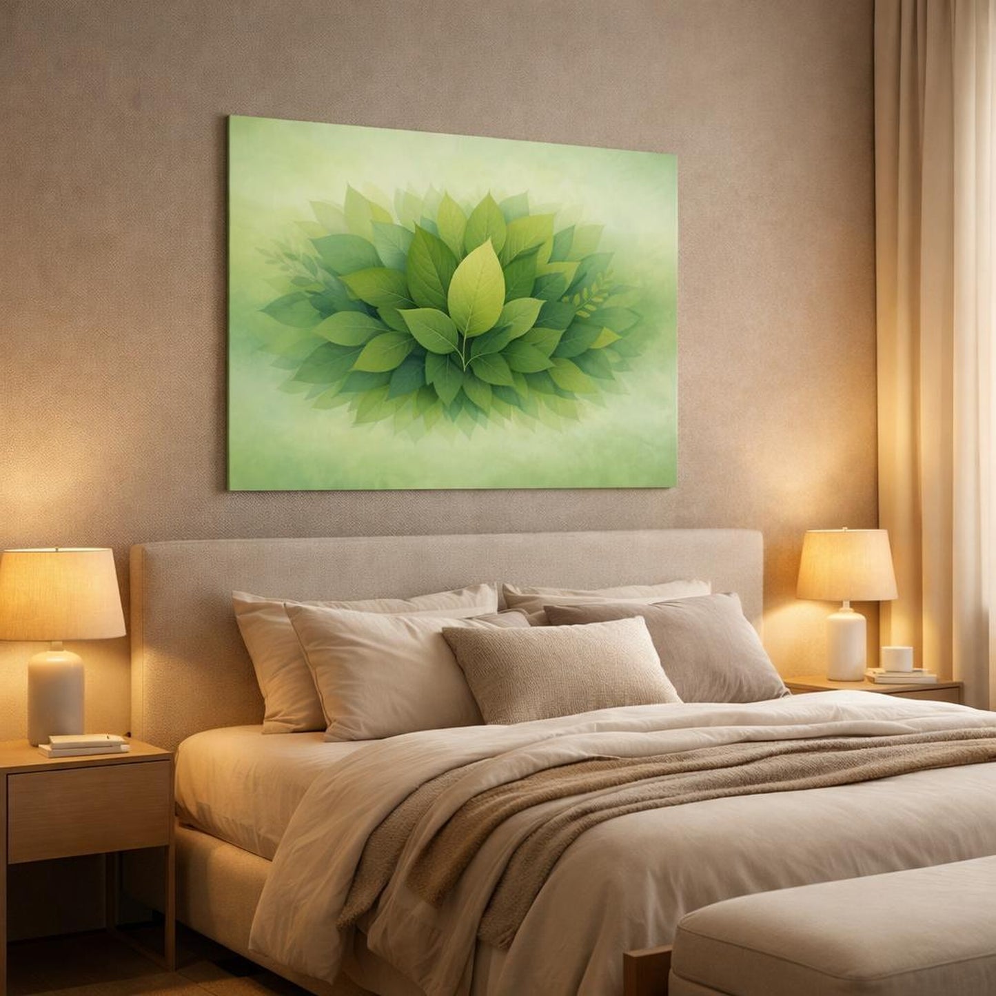 Ethereal Leaves Green shown as canvas wall art in a luxury bedroom