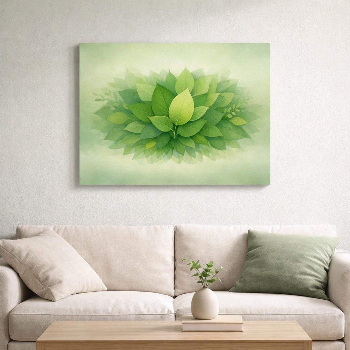 Ethereal Leaves Green shown as canvas wall art in a refined dining room