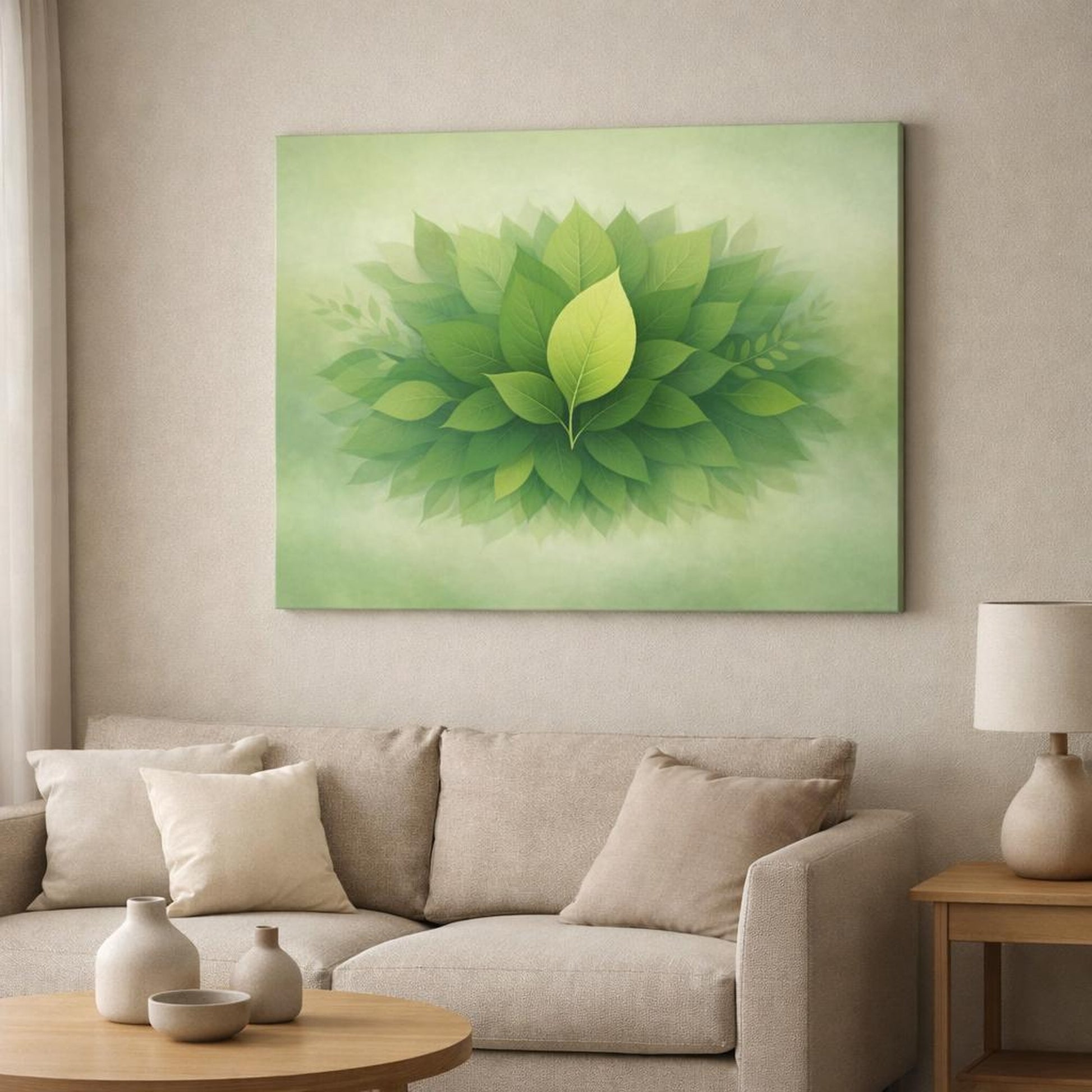 Ethereal Leaves Green shown as canvas wall art in a modern living room