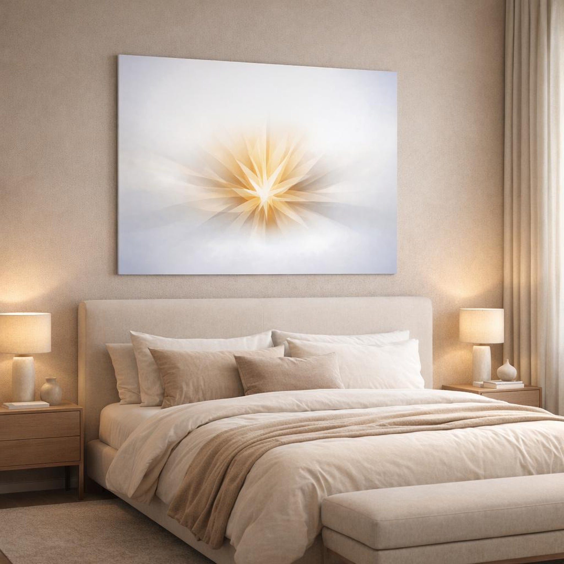 Ethereal Minimal Form shown as canvas wall art in a luxury bedroom