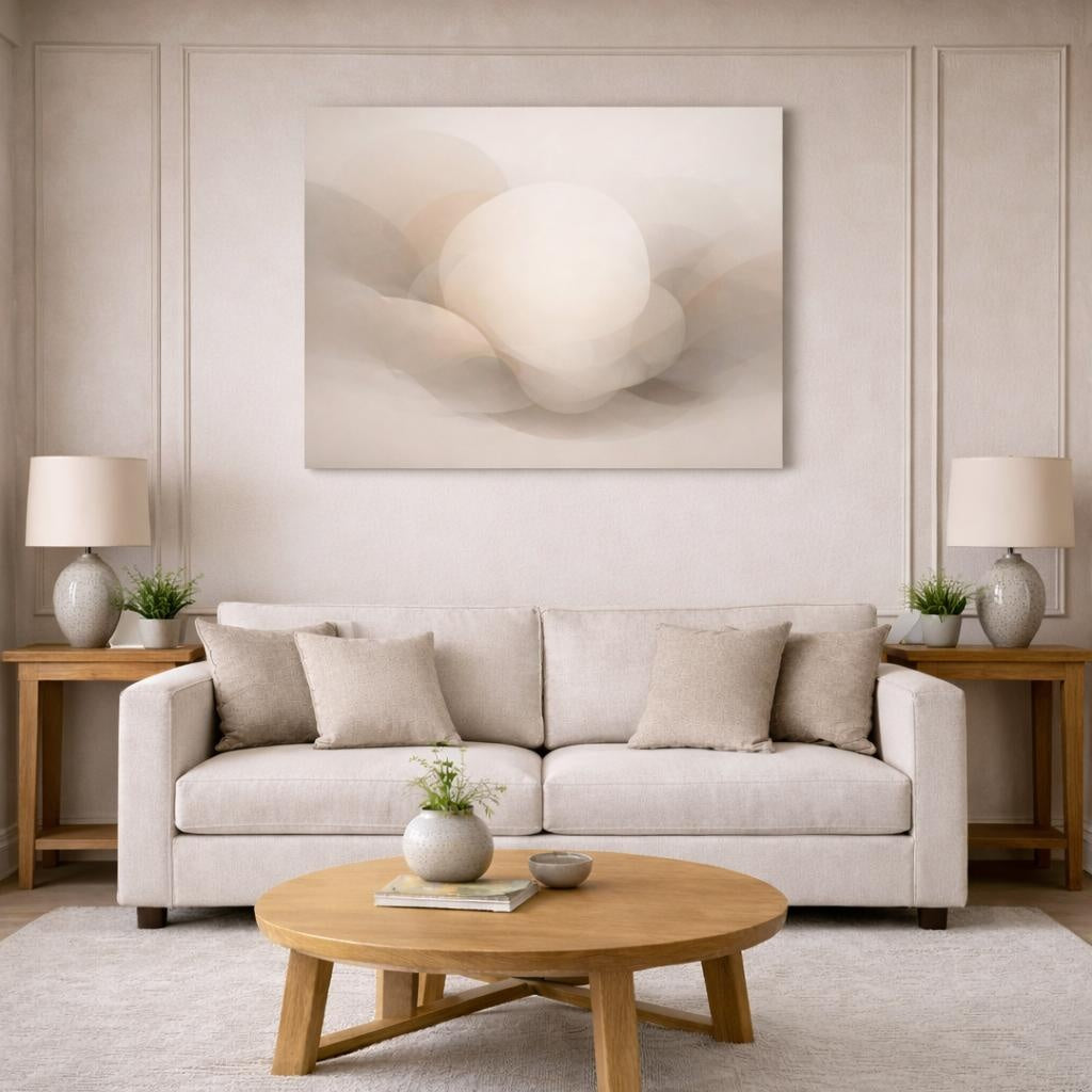Ethereal Neutral Shapes shown as canvas wall art in a modern living room