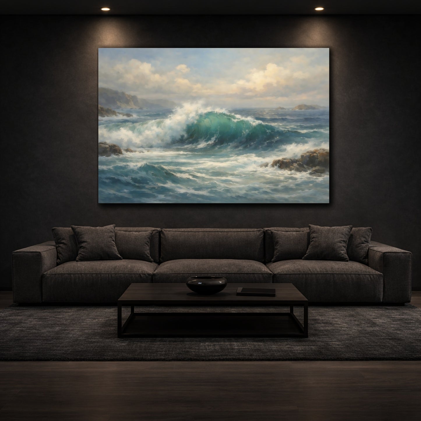 Mockup 2. Ethereal Ocean Map Depth Composition shown as stretched canvas wall art