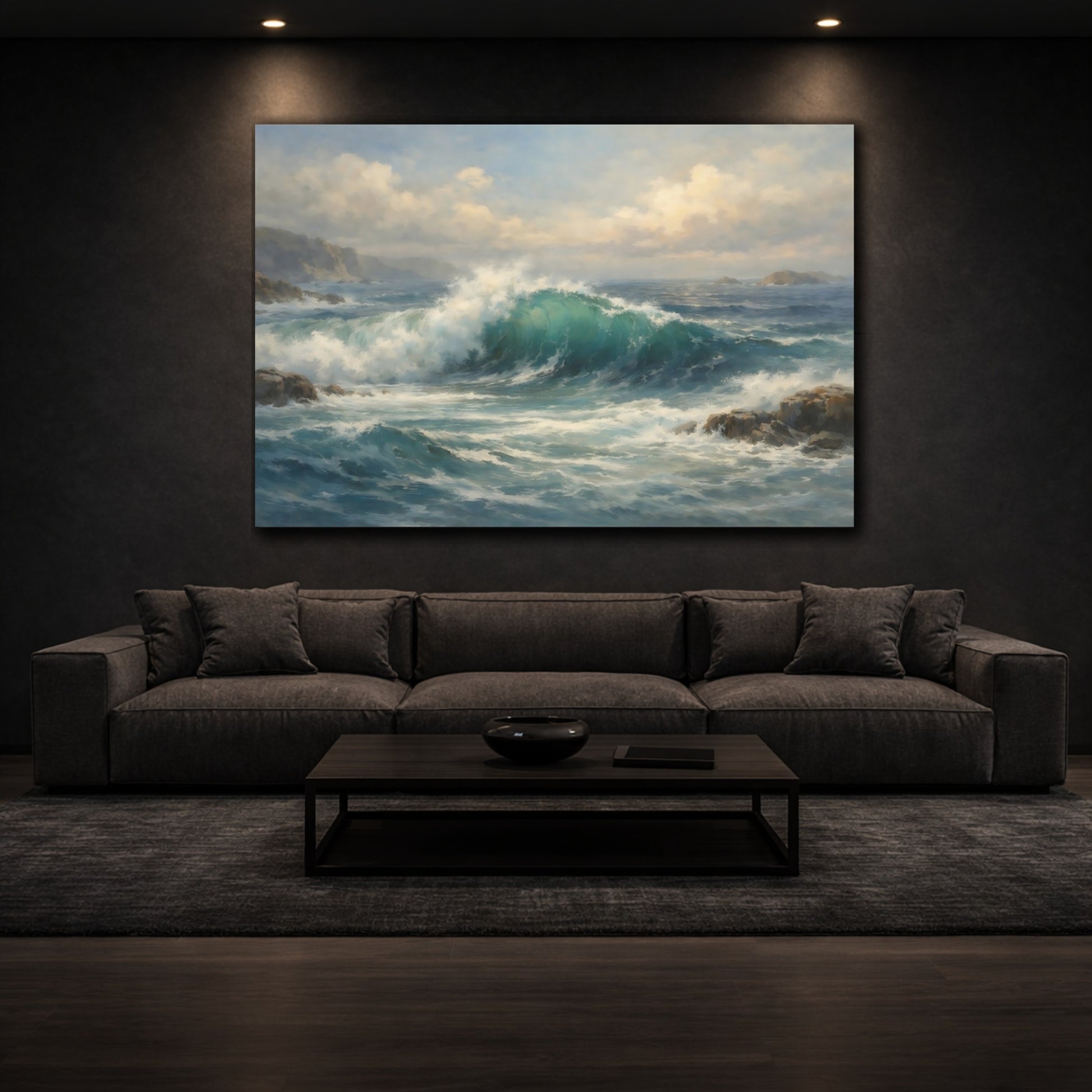 Mockup 2. Ethereal Ocean Map Depth Composition shown as stretched canvas wall art